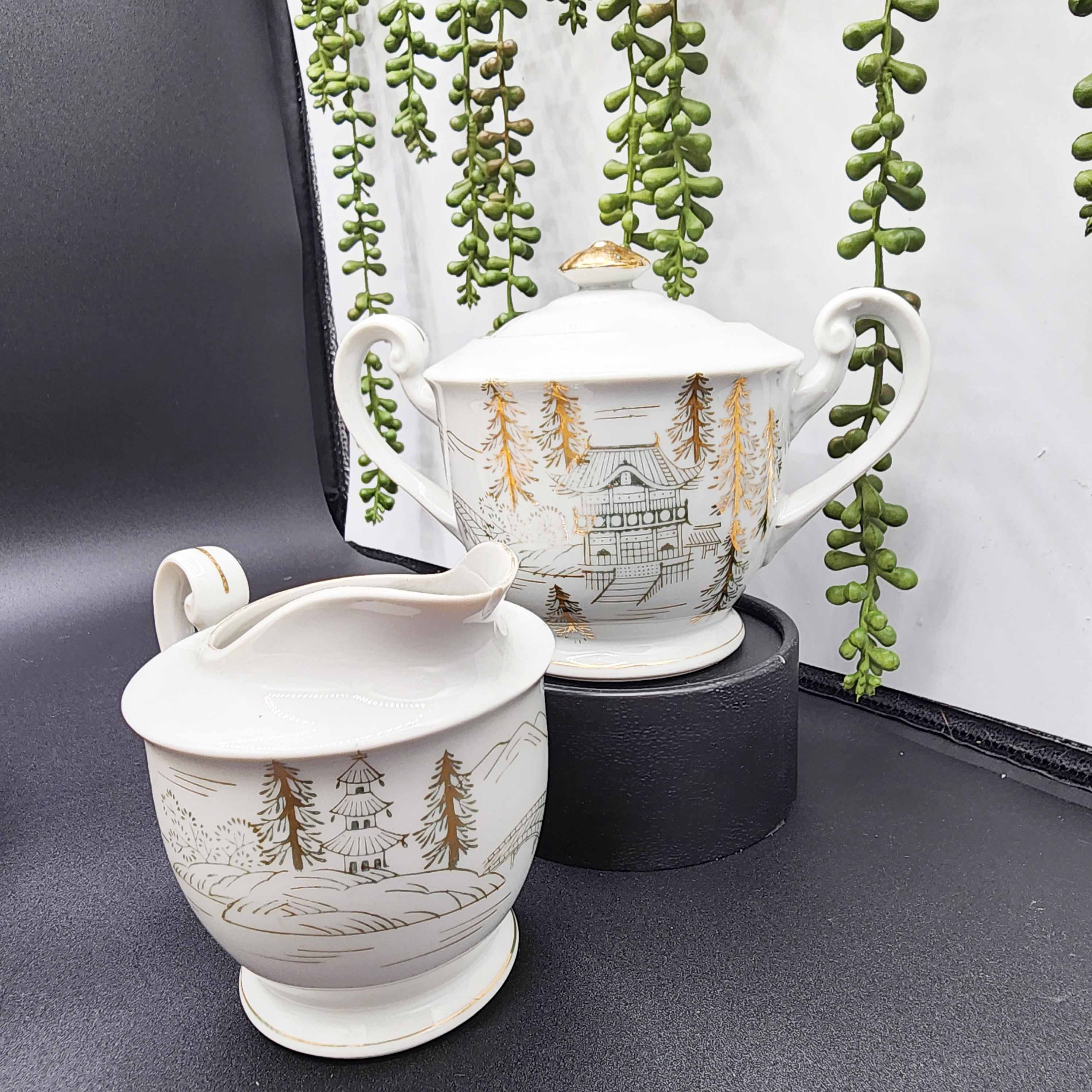 Rare Enchanting Kutani White China Mountain Forest Scenic Designs with Gold Tone Embellishments Whole Set