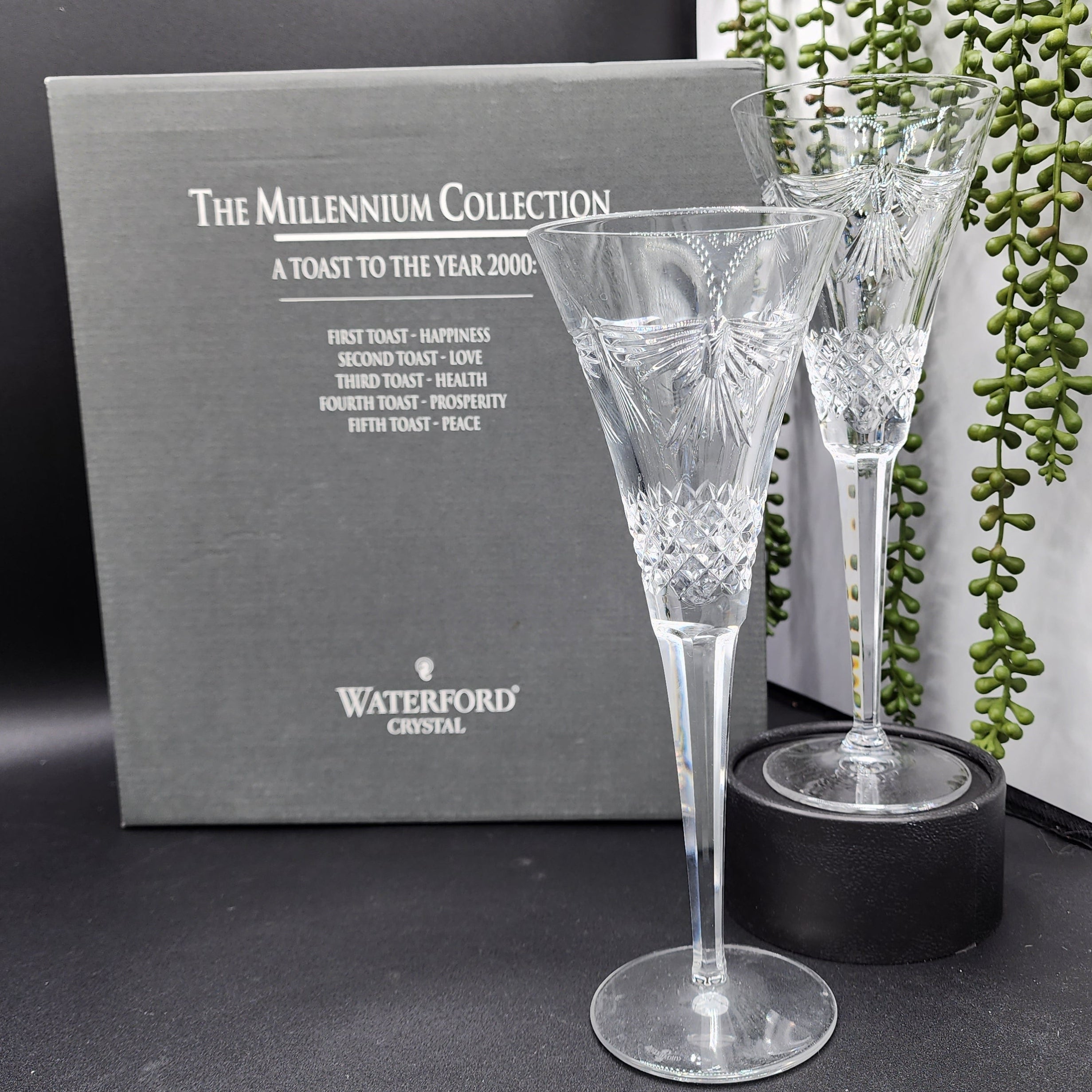 WATERFORD Crystal Millennium Collection A Toast To The Year 2000 First Toast Happiness Second Toast Love Third Toast Health Fourth Toast Prosperity Fifth Toast Peace Toasting Champagne Flutes