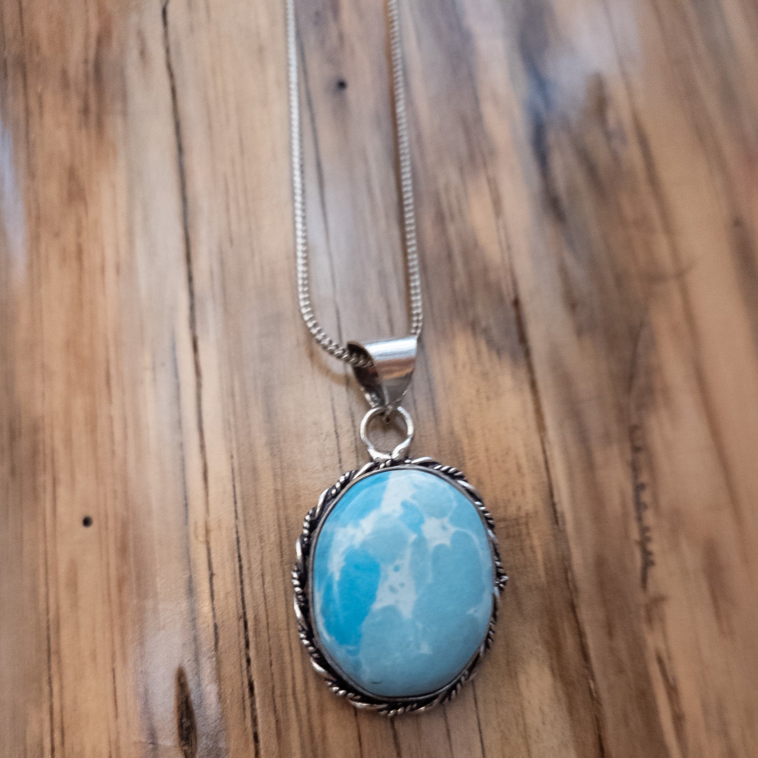 Twisted Sterling Silver Frame with Oval Larimar Stone Necklace