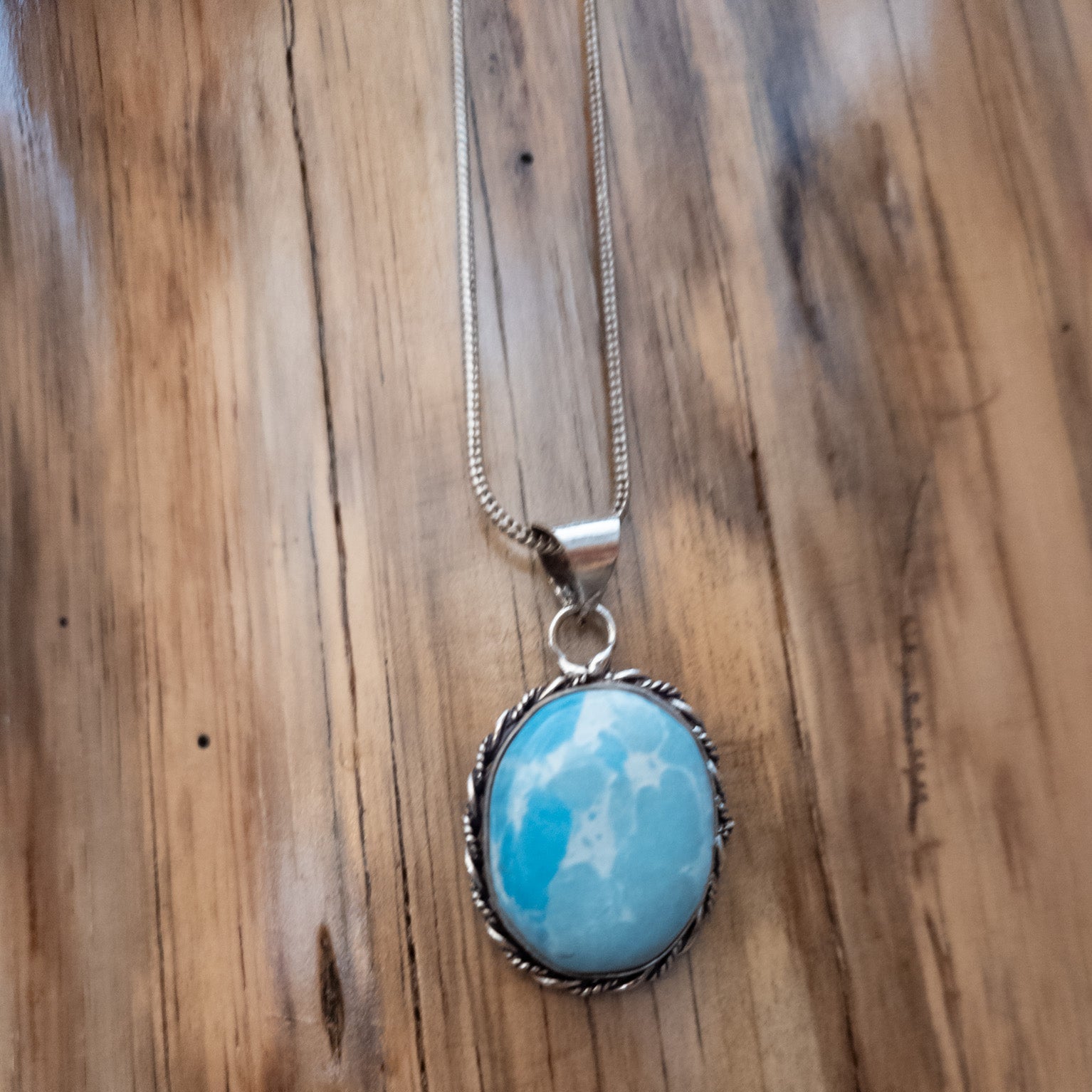 Twisted Sterling Silver Frame with Oval Larimar Stone Necklace