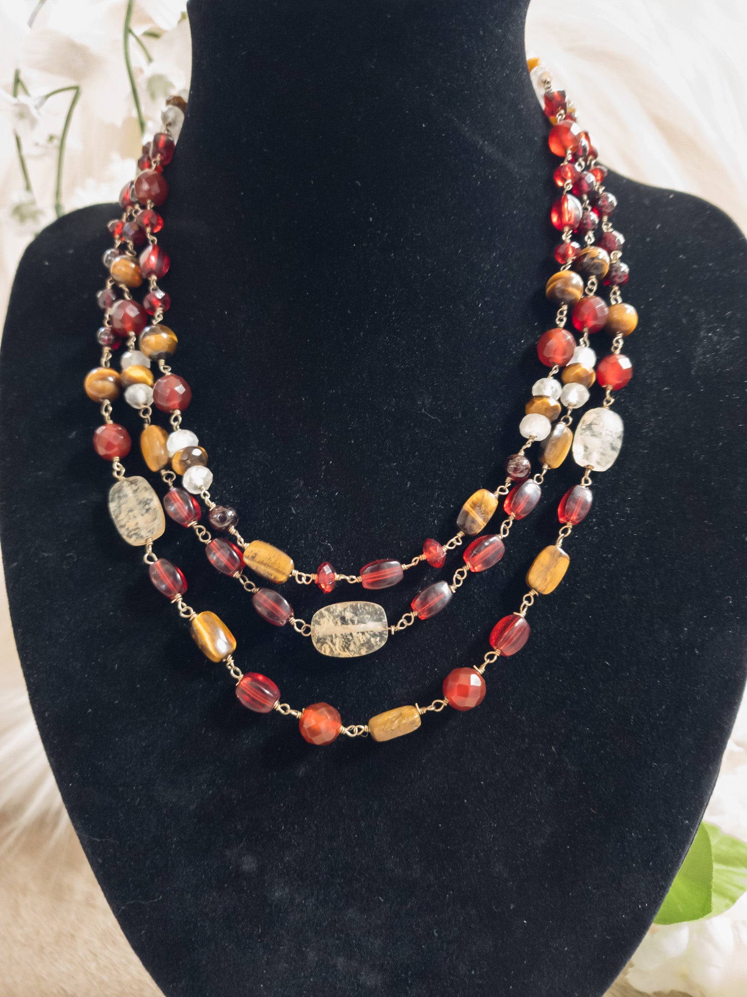 Beautiful Crafted Tigers Eye Stone and Red Rhinestone Necklace