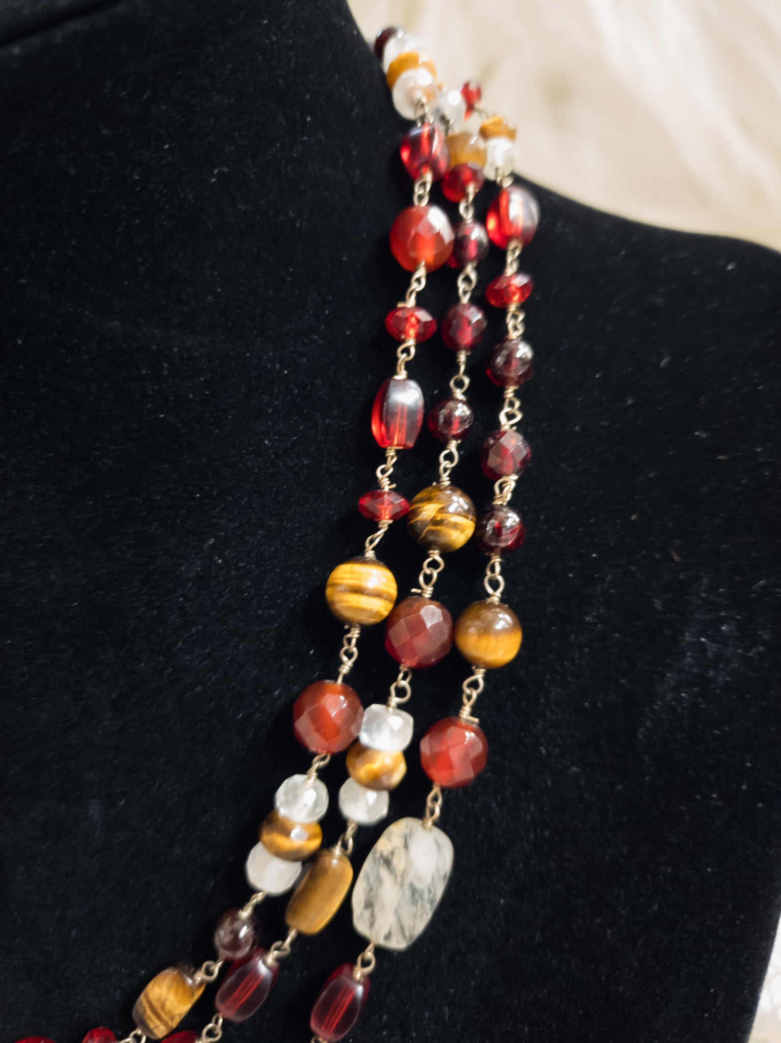 Beautiful Crafted Tigers Eye Stone and Red Rhinestone Necklace