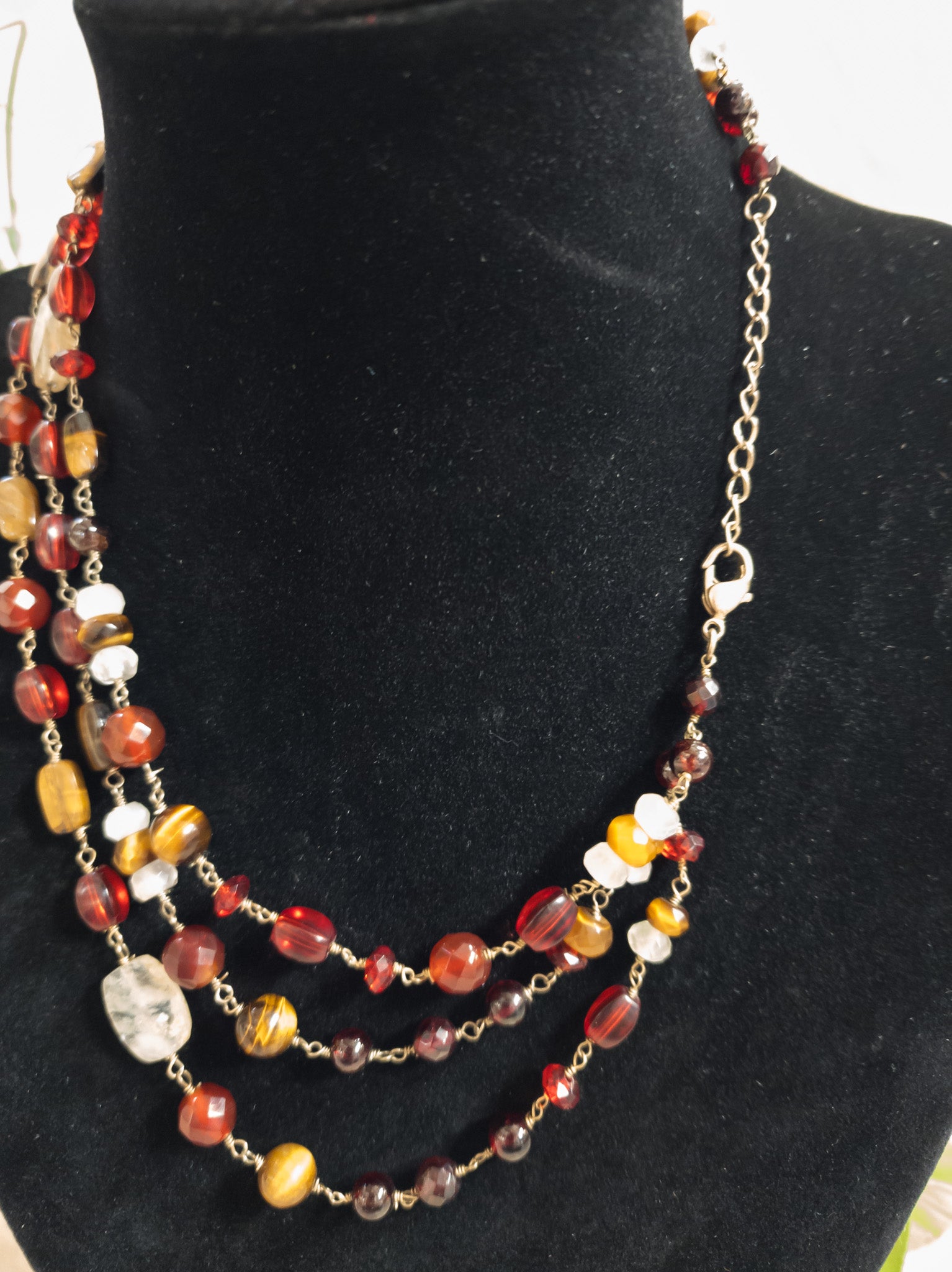 Beautiful Crafted Tigers Eye Stone and Red Rhinestone Necklace