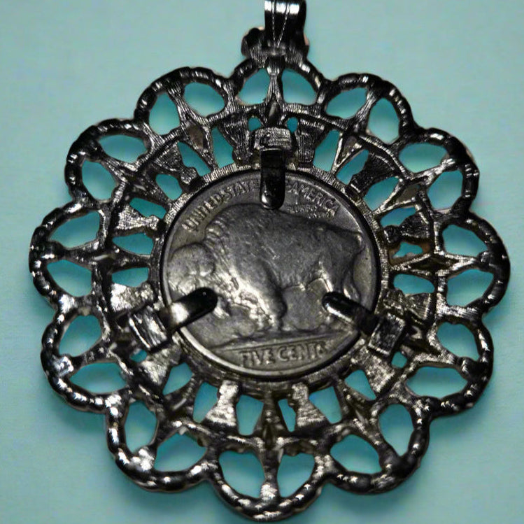 1936 Indian Buffalo Nickle Hand Crafted Silver and Turquoise Pendant