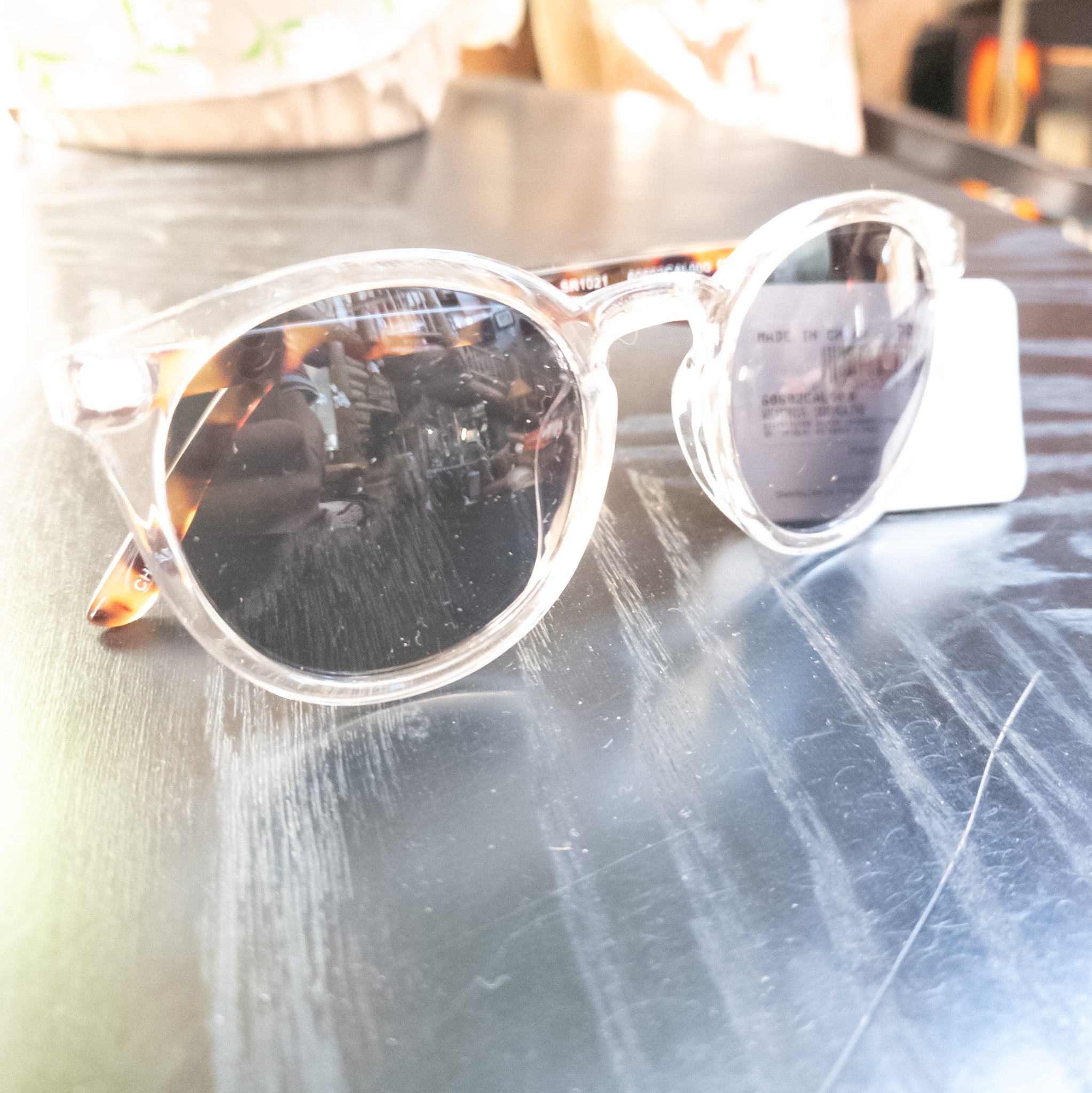 CaliBlue Clear Frame Brown Stripe Arms Sunglasses