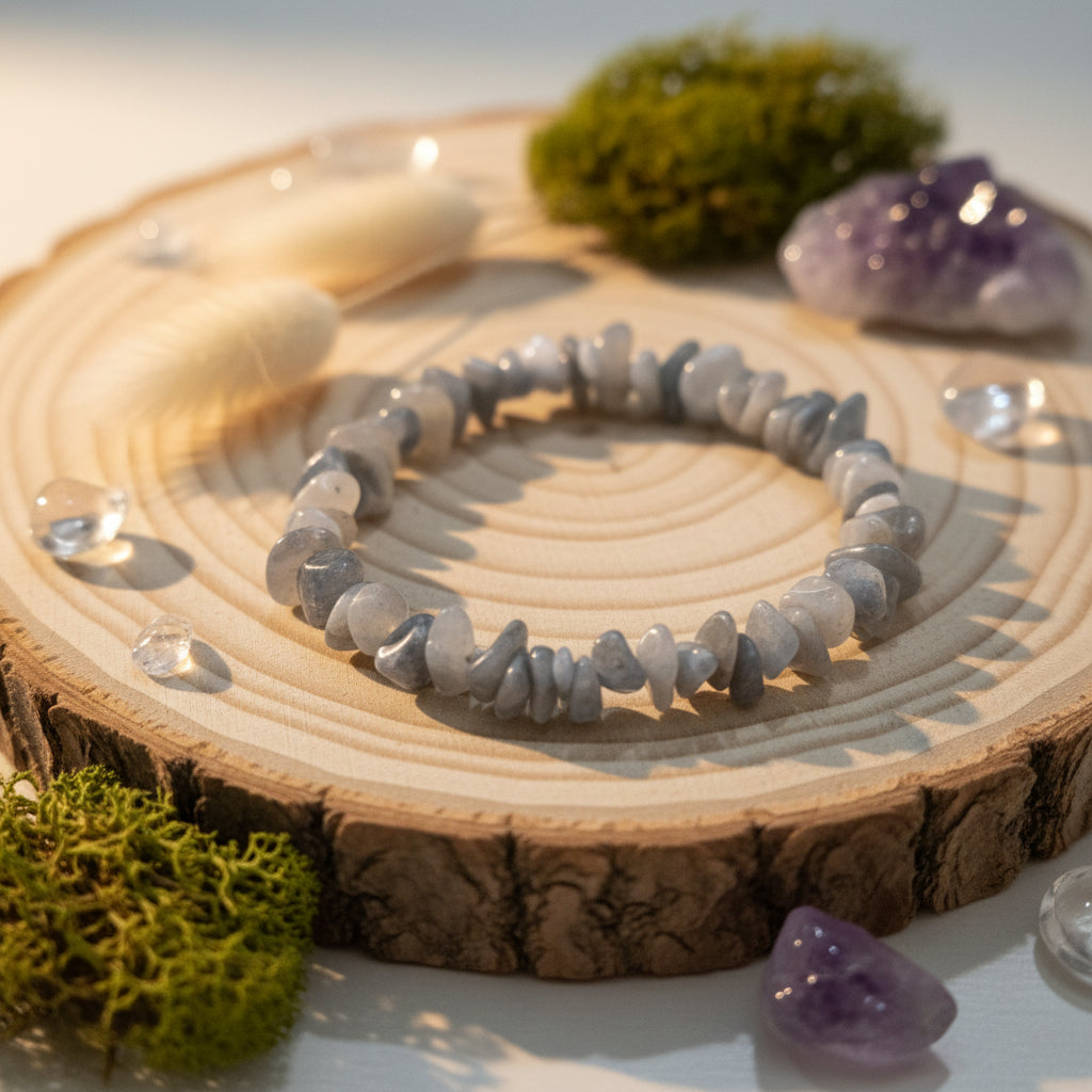 Grey Laborite Stone Beaded Stretchy Bracelet