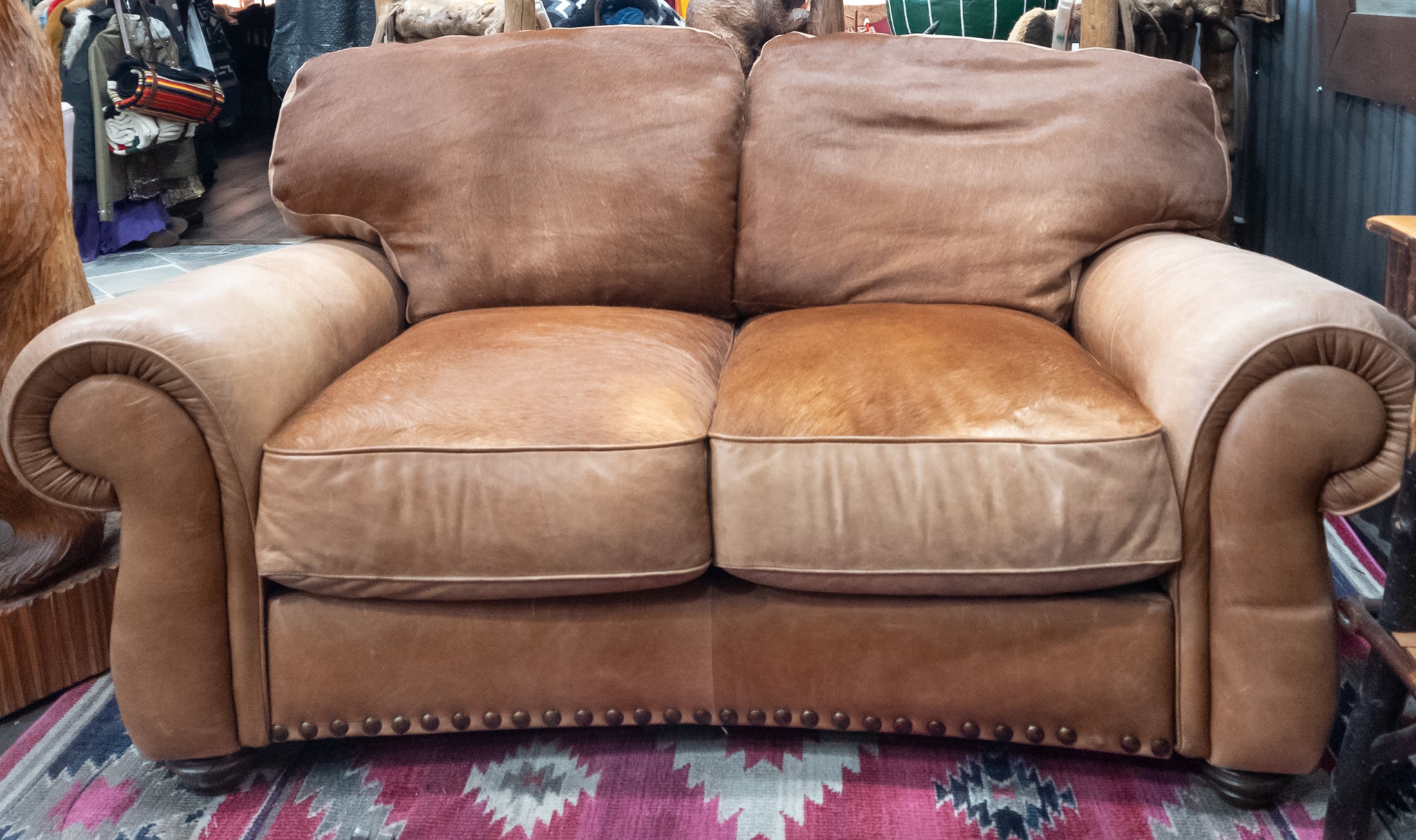 Classic Loveseat Sofa Featuring Custom Cinnamon Cowhide and Leather Upholstery