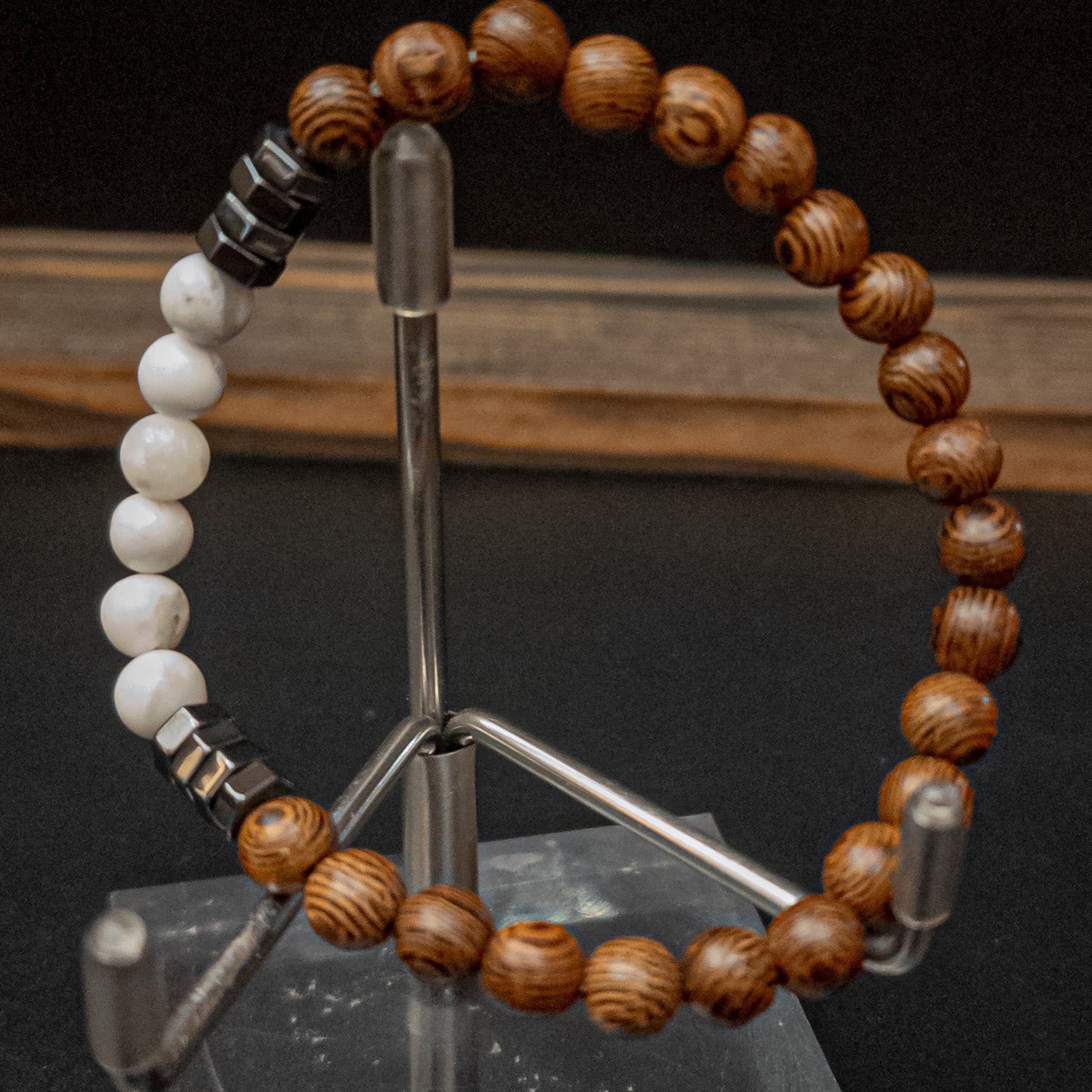 Vibrant Unique Wood, Howlite, And Hematite Beaded Stretch Bracelet
