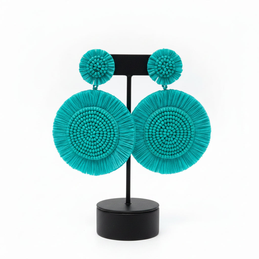 Turquoise Boho Raffia Beaded Earrings
