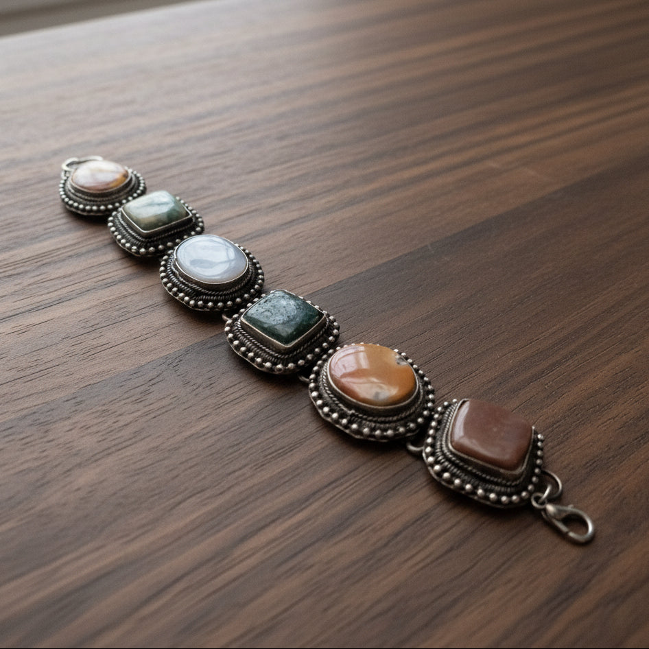 Vintage Multicolored Agate Silver Toned Bracelet