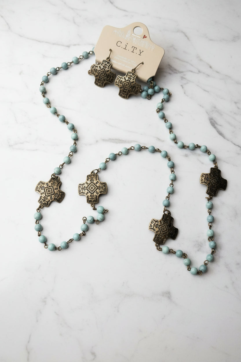 Brass Ethiopian Coptic Cross Pendants on a Blue Beaded Necklace with Matching Coptic Cross Earrings