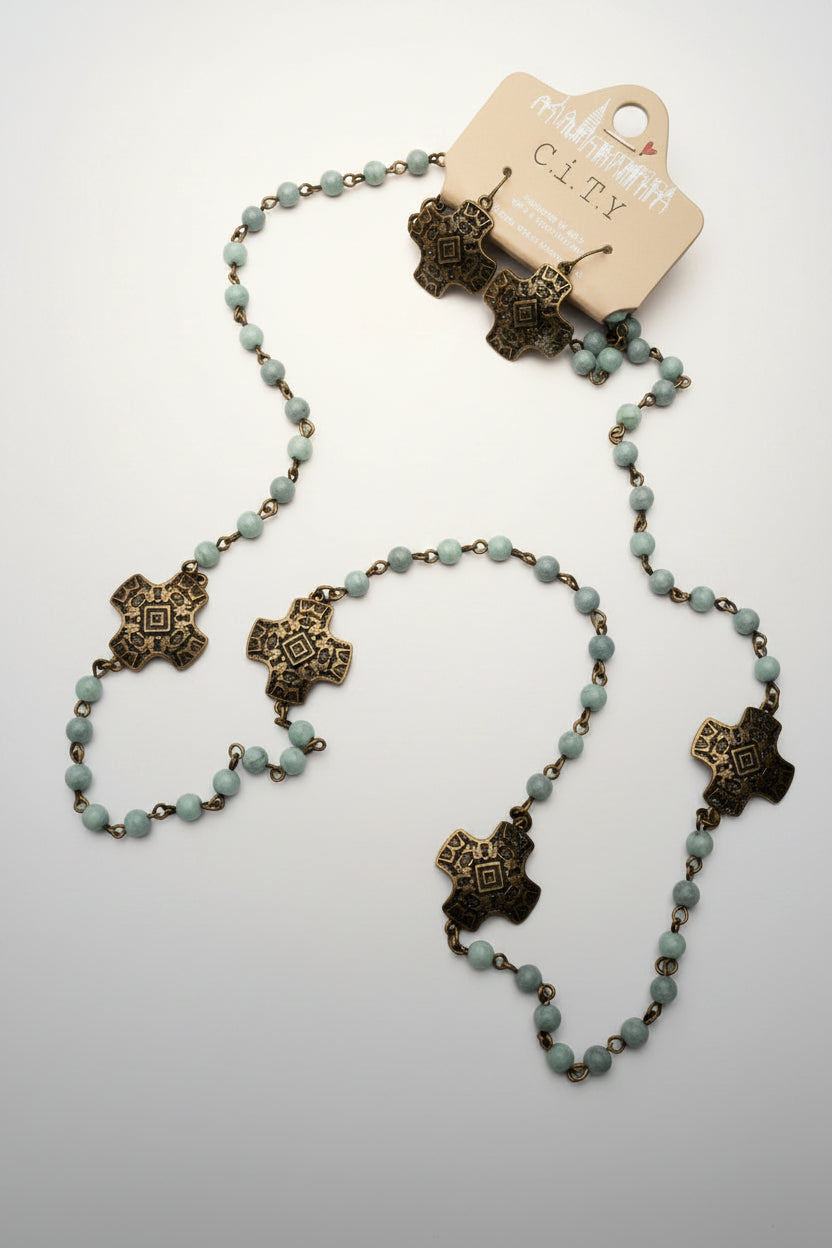 Brass Ethiopian Coptic Cross Pendants on a Blue Beaded Necklace with Matching Coptic Cross Earrings