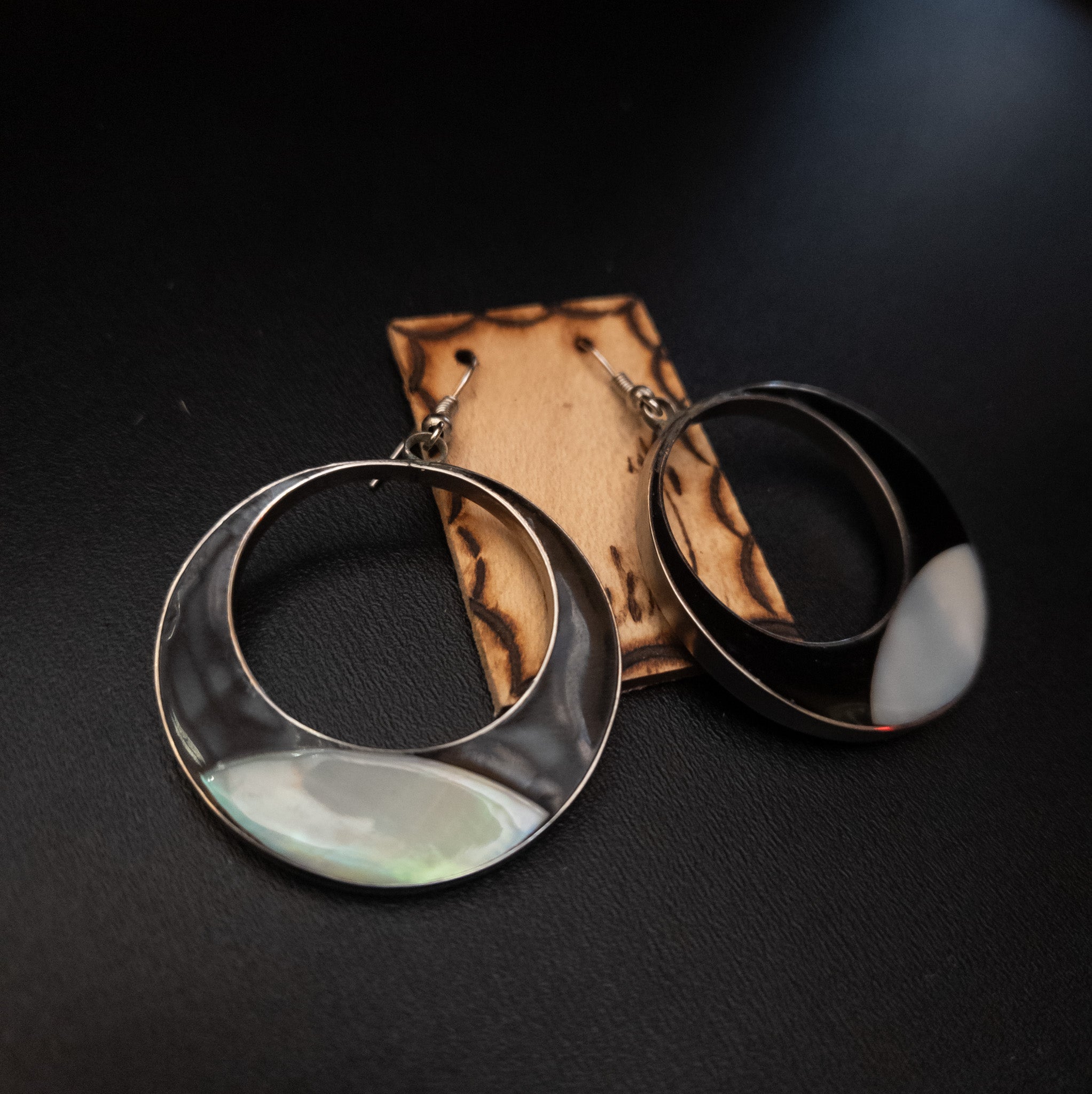 Silver Cresent Moon Mother of Pearl and Onyx Earrings from Cuba