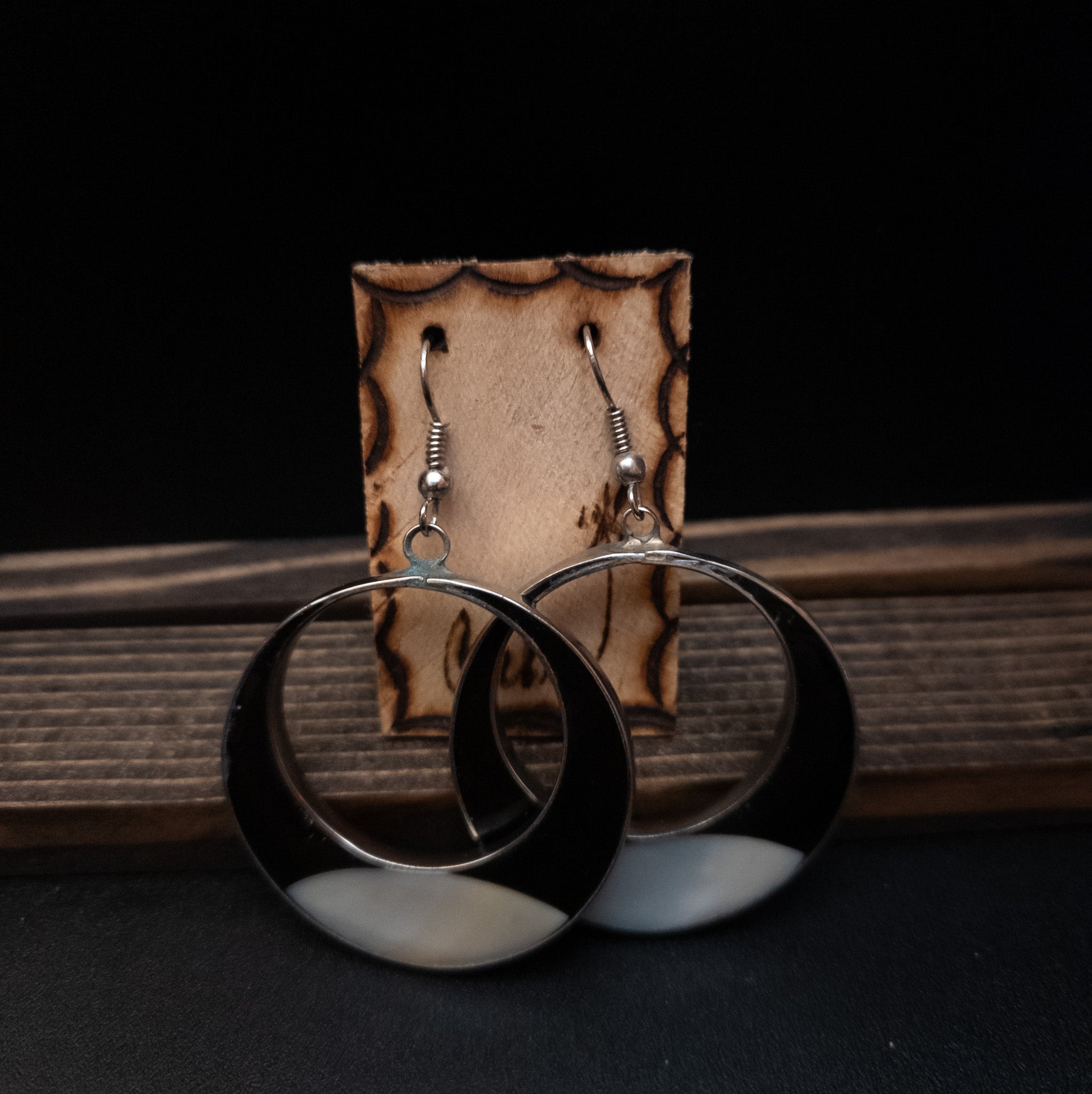 Silver Cresent Moon Mother of Pearl and Onyx Earrings from Cuba