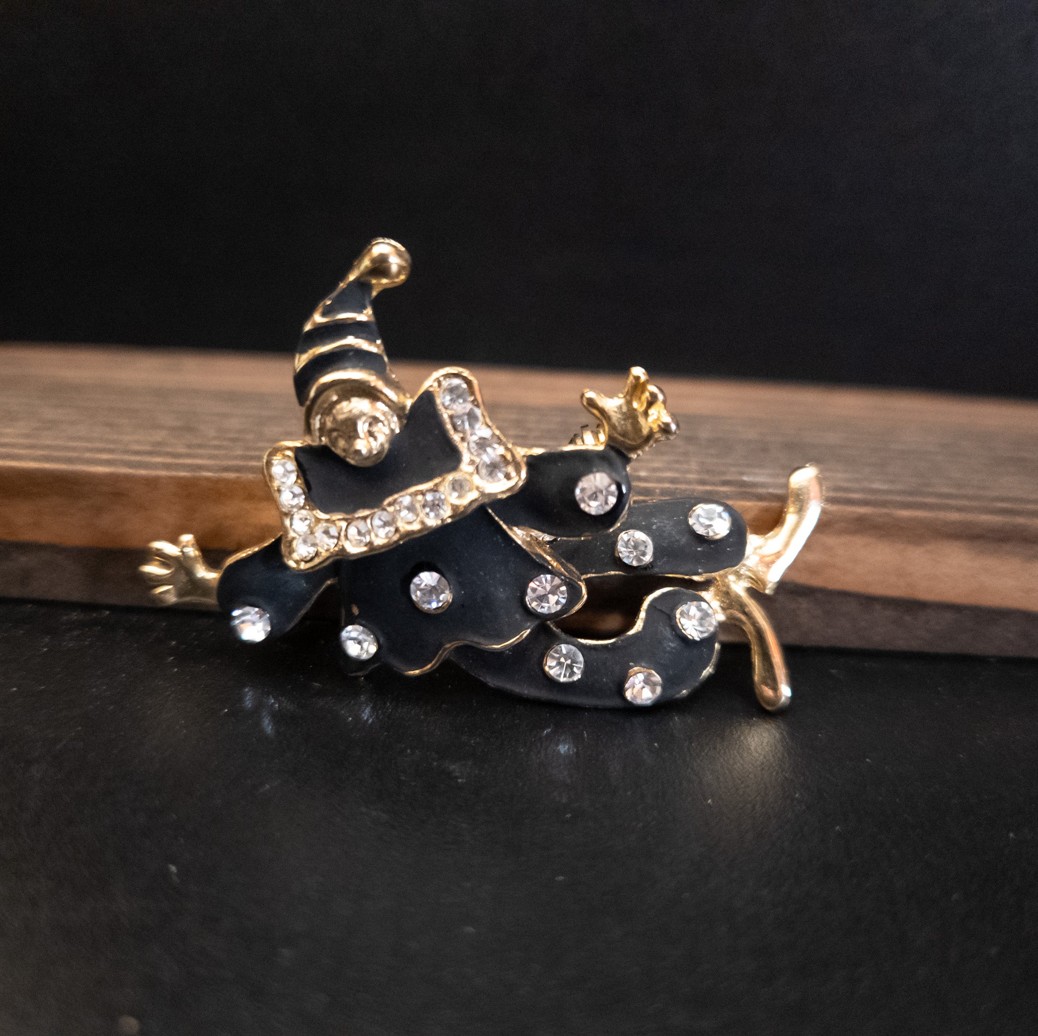 Vintage Mid Century Articulated Black Enamel Rhinestone Gold Tone Clown Brooch