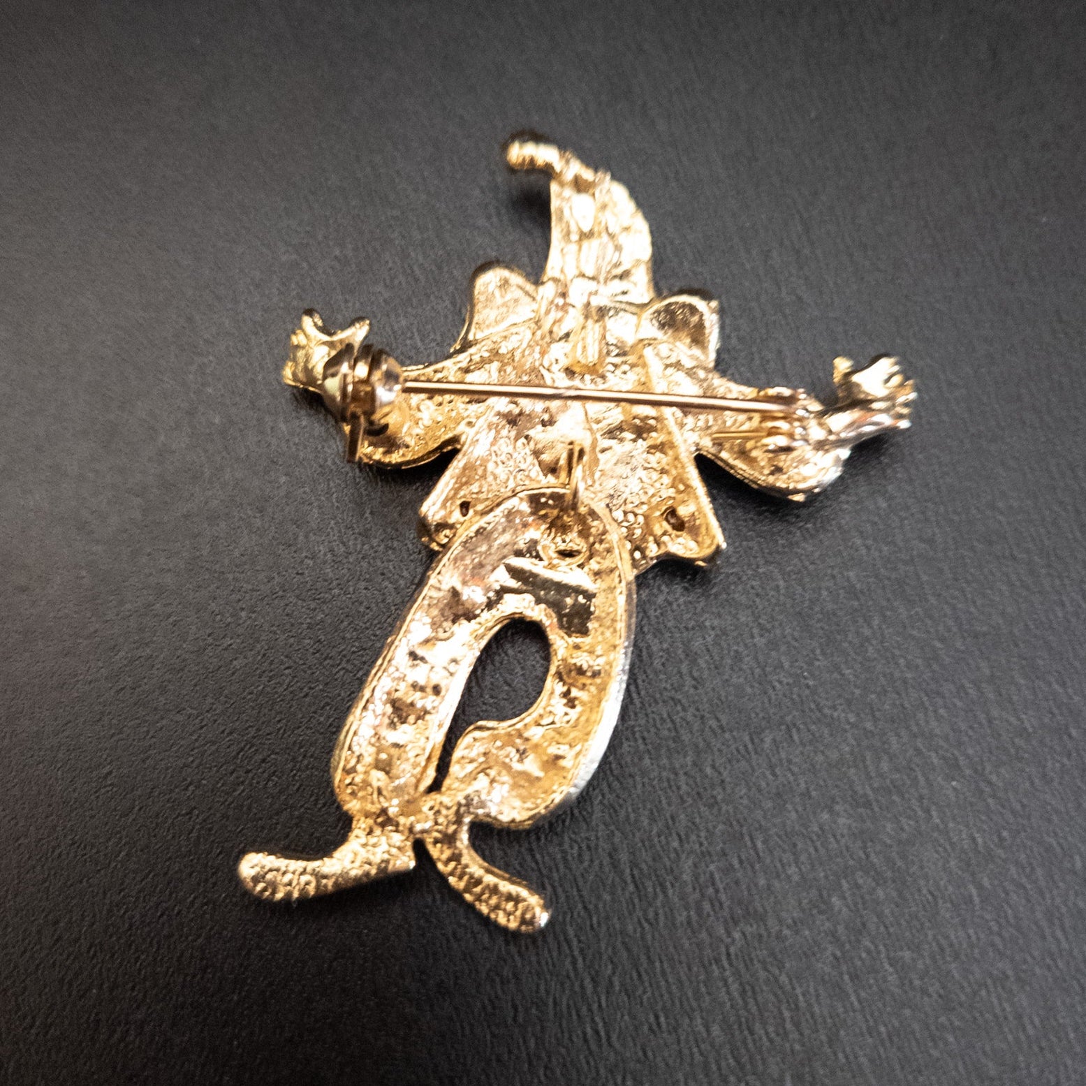 Vintage Mid Century Articulated Black Enamel Rhinestone Gold Tone Clown Brooch