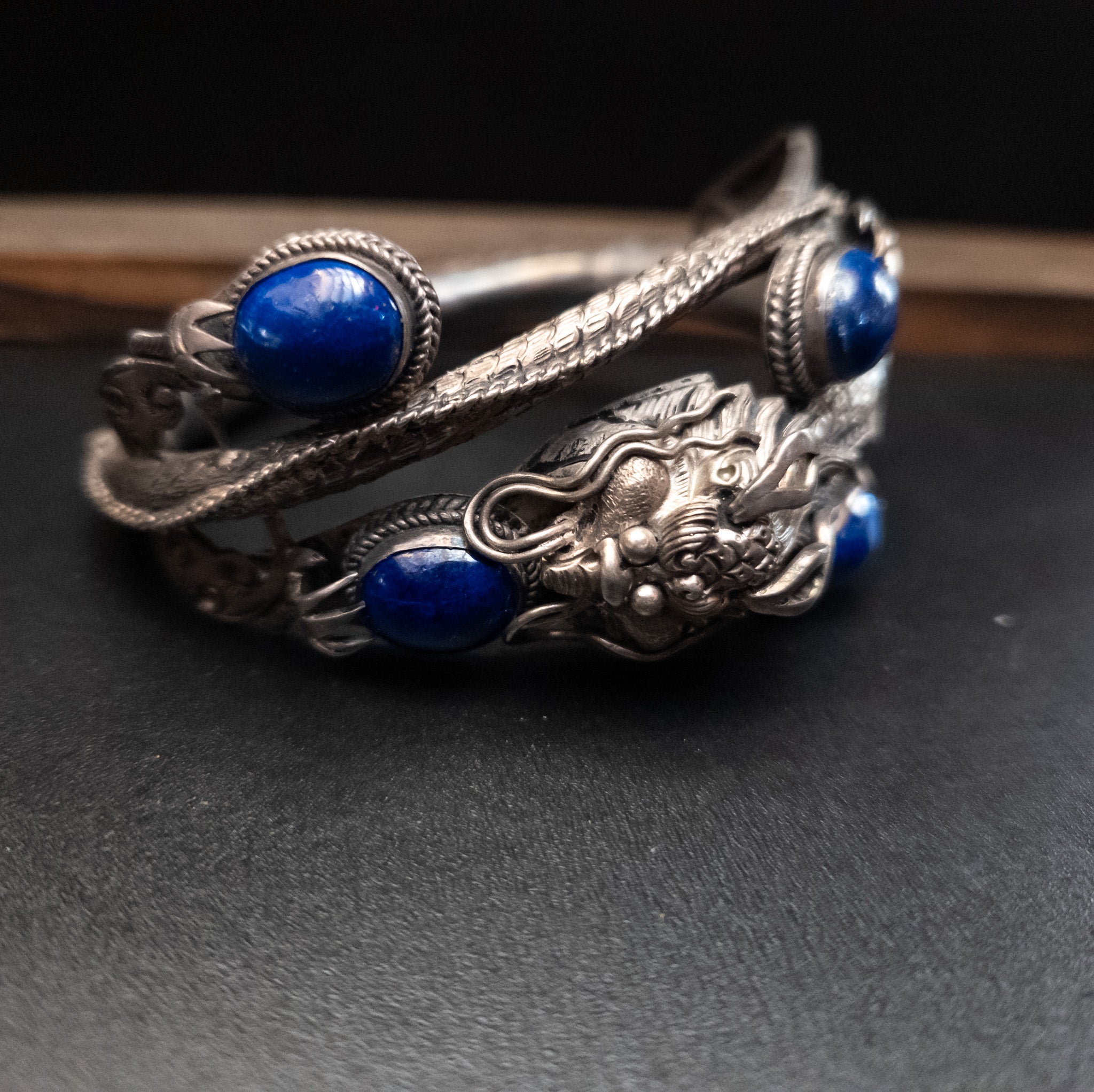 Vintage Exquisite Jewelry Set 1980's Sterling Silver Lapis Lazuli Tibetan Dragon Bracelet with a Matching Necklace Charm