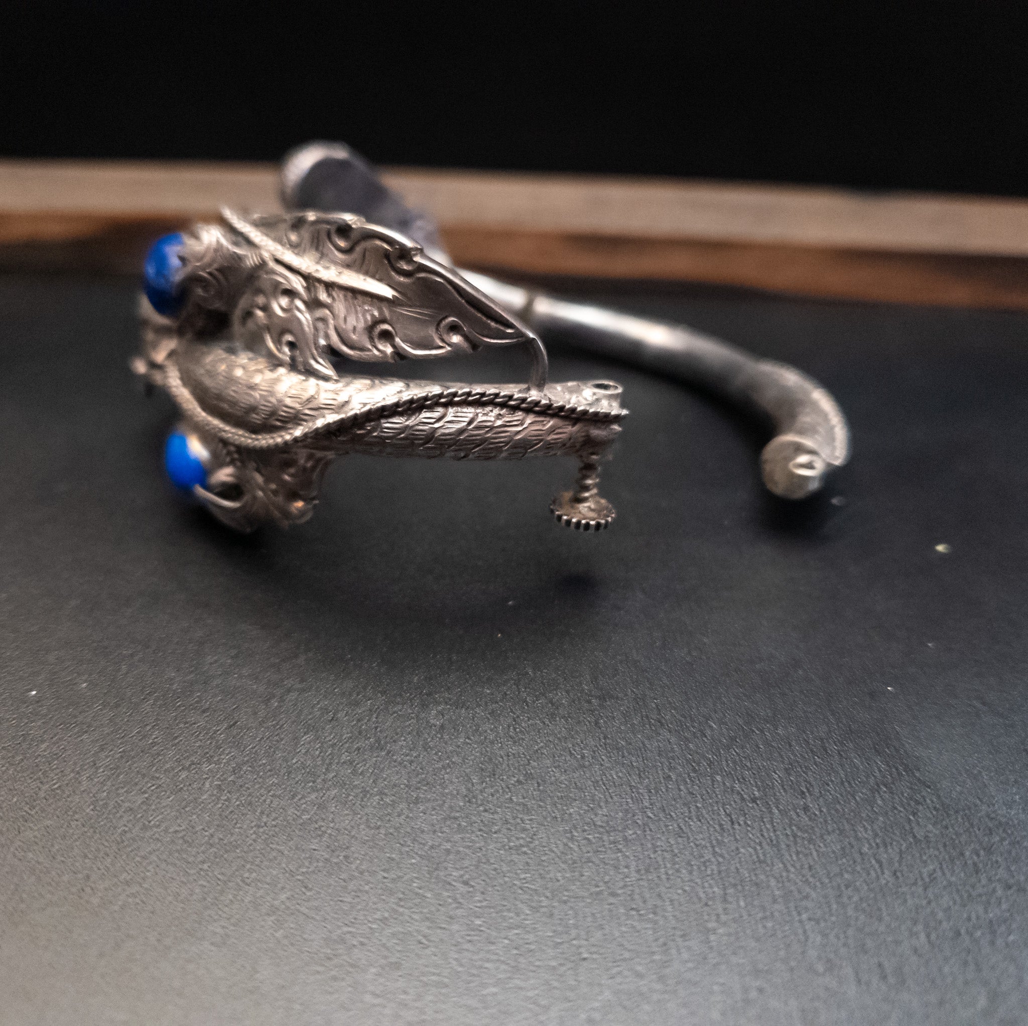 Vintage Exquisite Jewelry Set 1980's Sterling Silver Lapis Lazuli Tibetan Dragon Bracelet with a Matching Necklace Charm