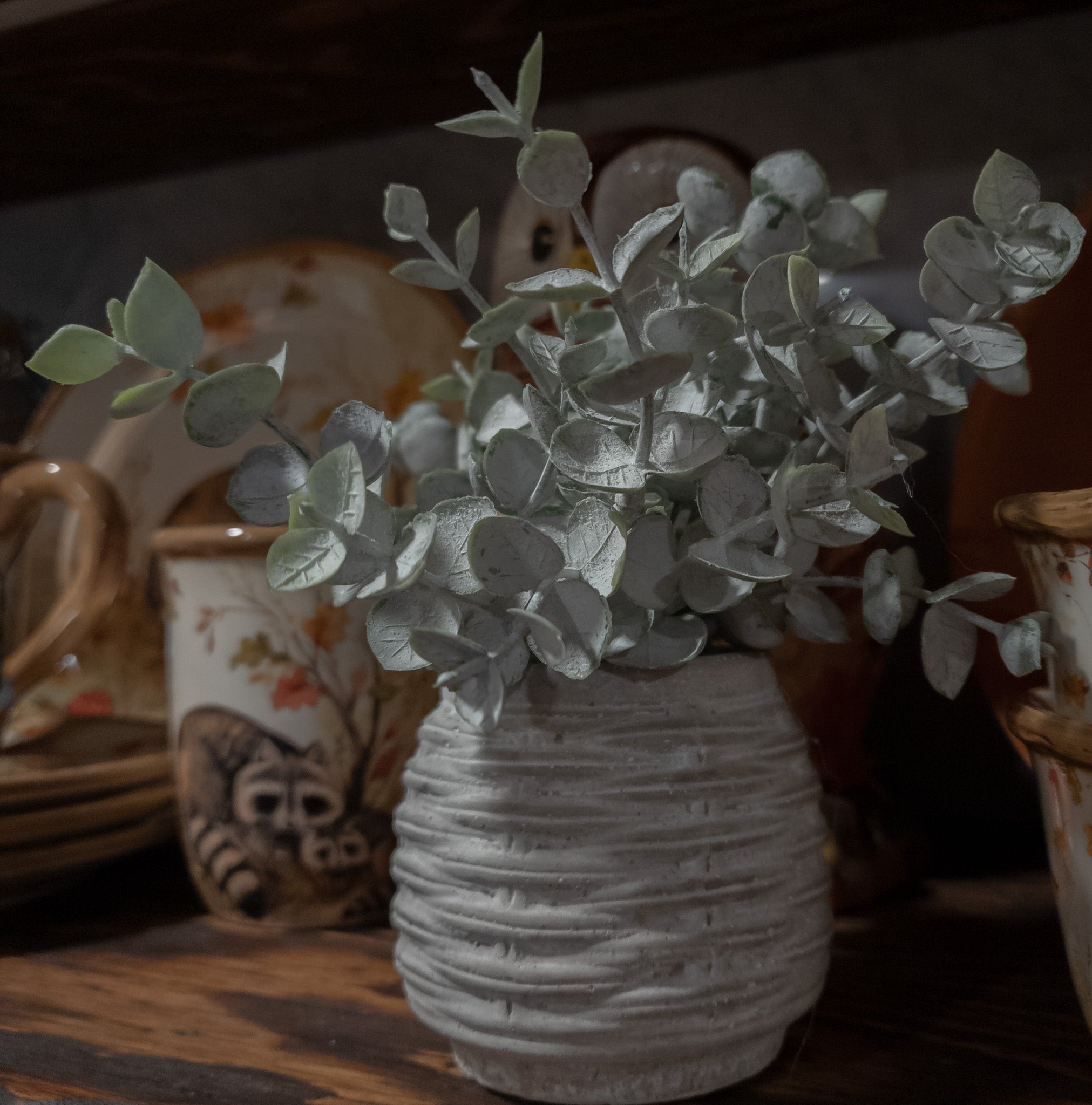 Faux Powered Eucalyptus Plant in a Rounded Ripple Ceramic Pot