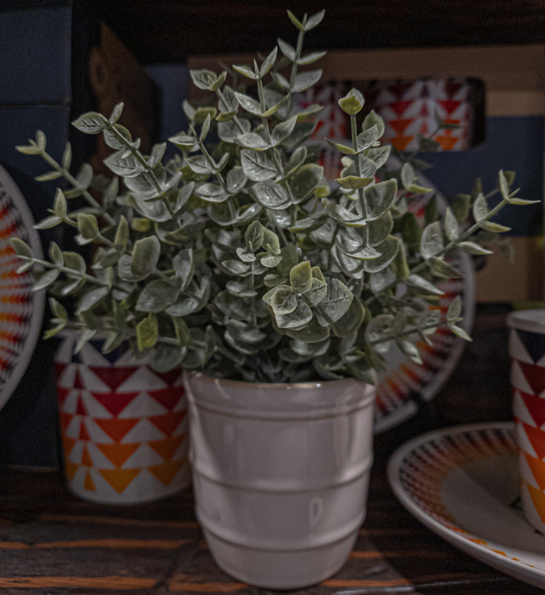 Faux Powered Eucalyptus Plant in a Rounded Ripple Ceramic Pot