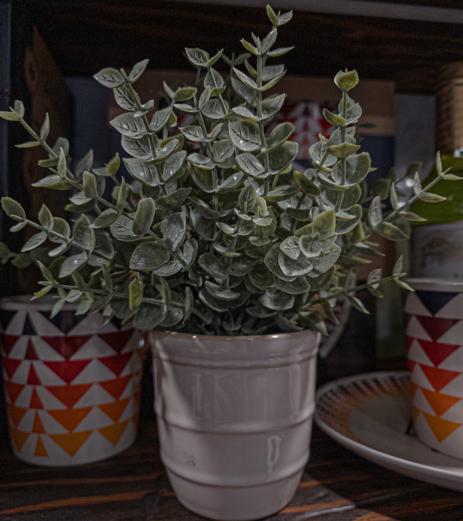 Faux Powered Eucalyptus Plant in a Rounded Ripple Ceramic Pot