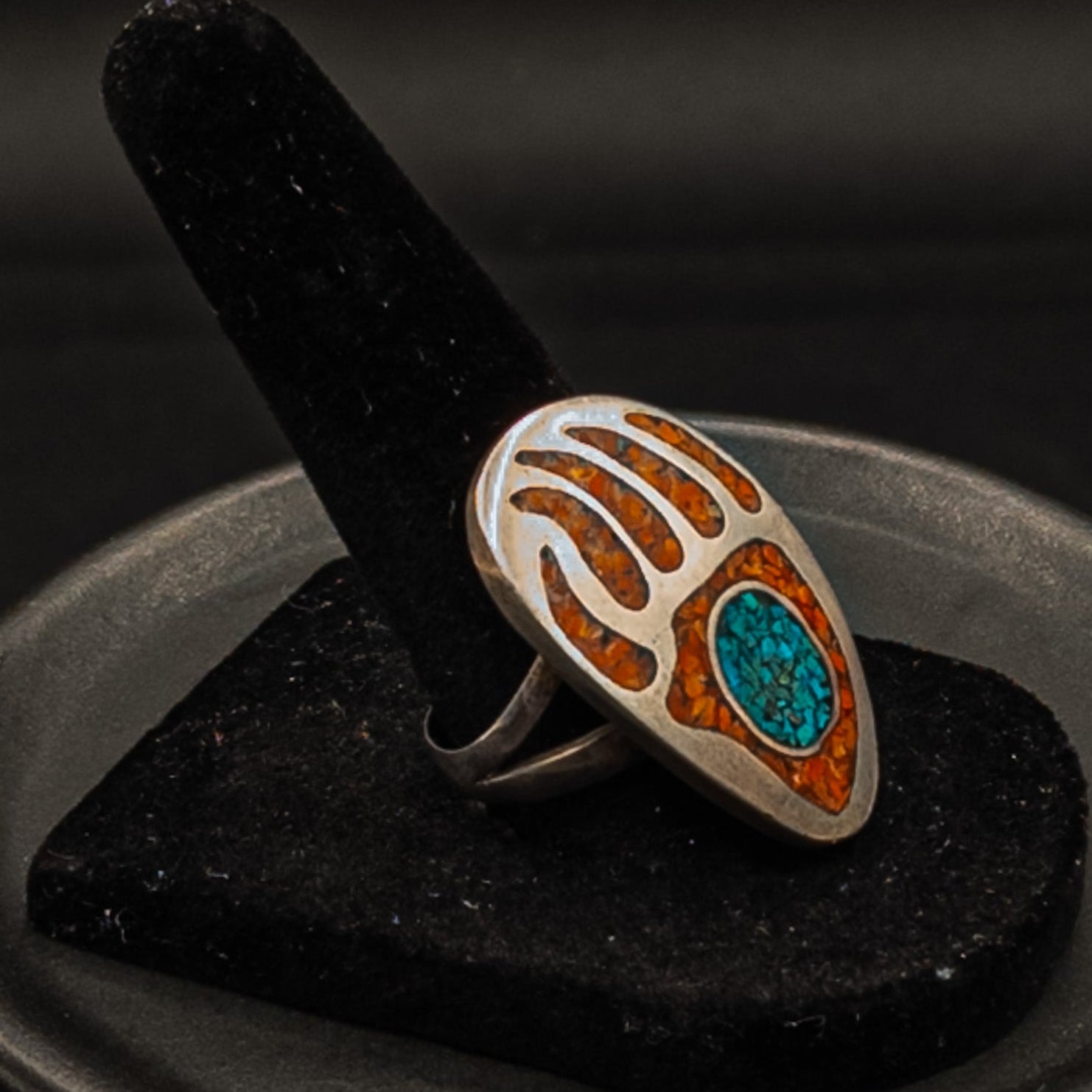 Vintage Navajo Silver Ring With Coral And Turquoise Bear Paw Size 9.5