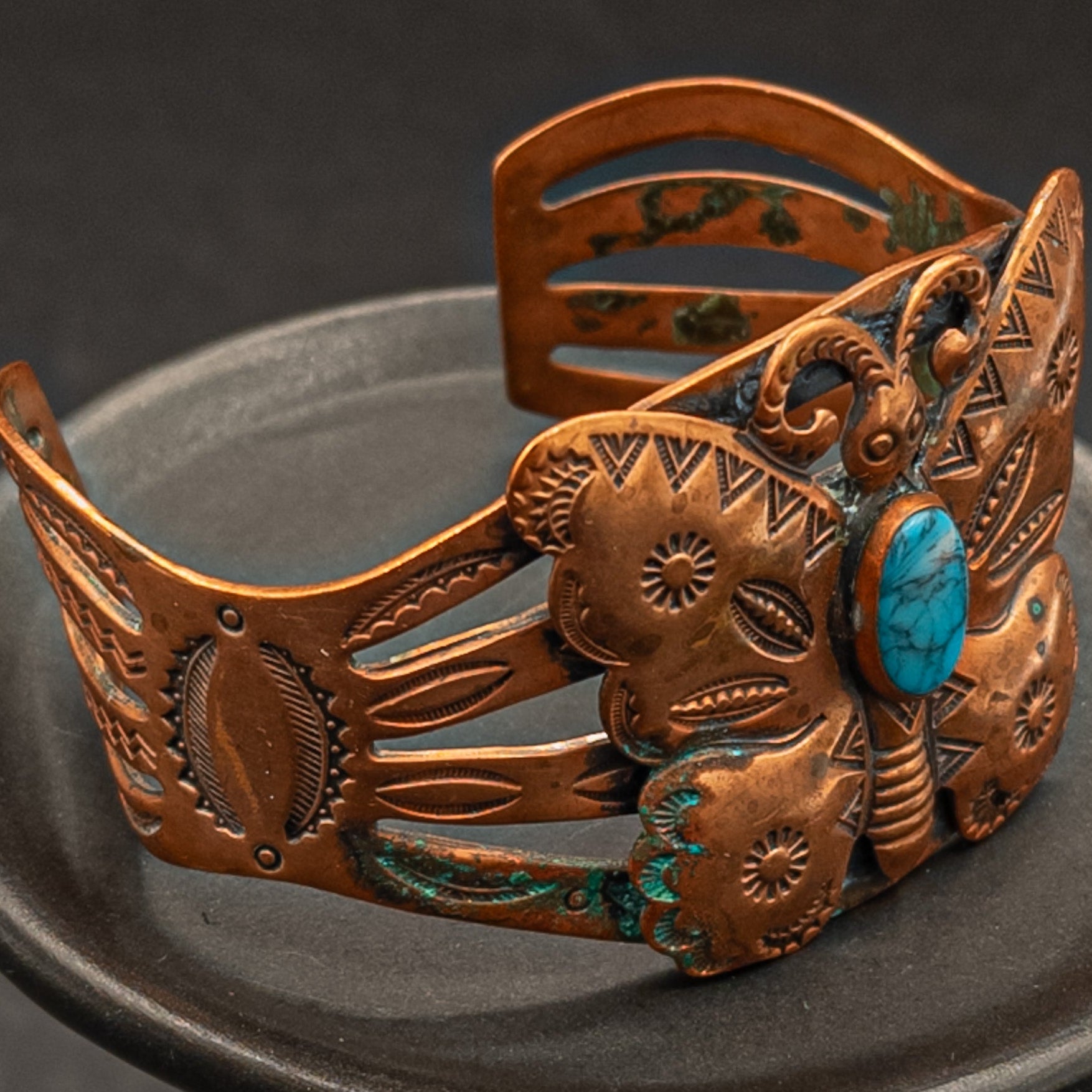 Copper Butterfly Cuff Bracelet With Faux Turquoise