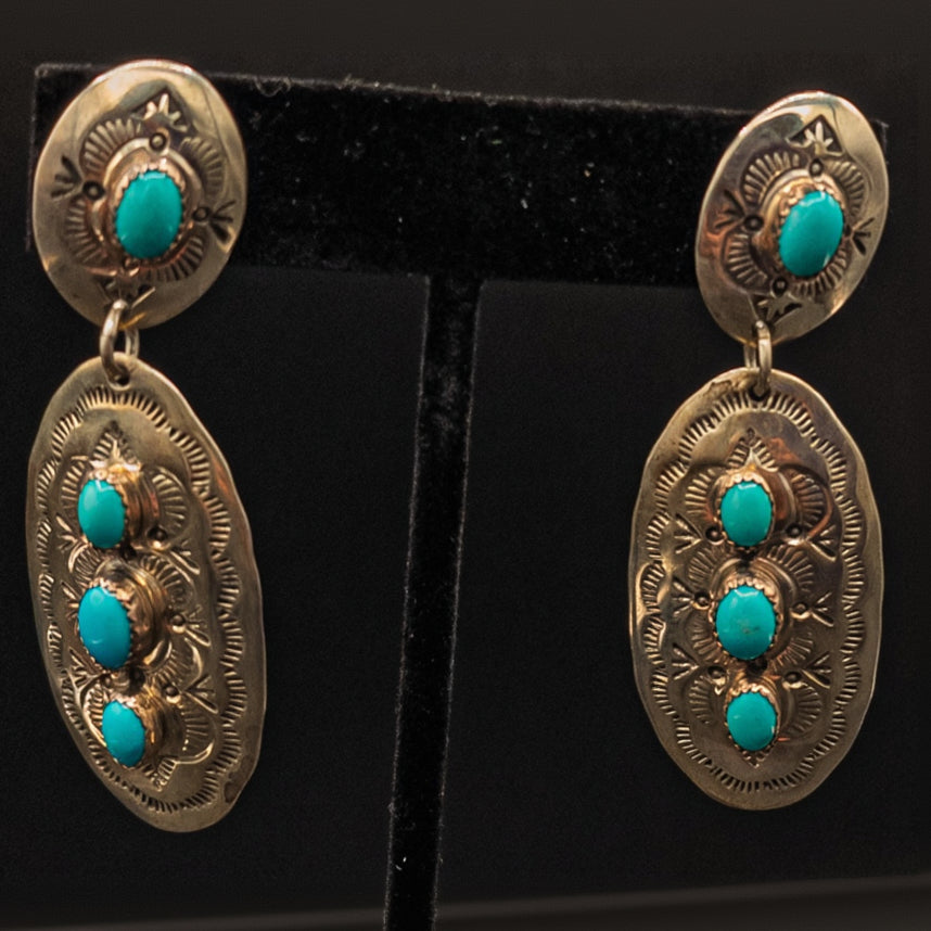 Native American Navajo Sterling Silver And Turquoise Dandle Earrings
