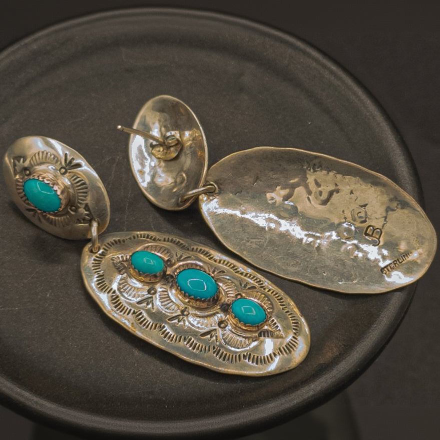 Native American Navajo Sterling Silver And Turquoise Dandle Earrings