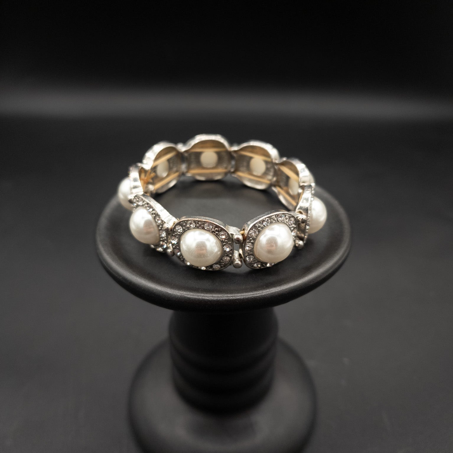 Silver Toned Stretch Bracelet With Faux Pearls And Crystals
