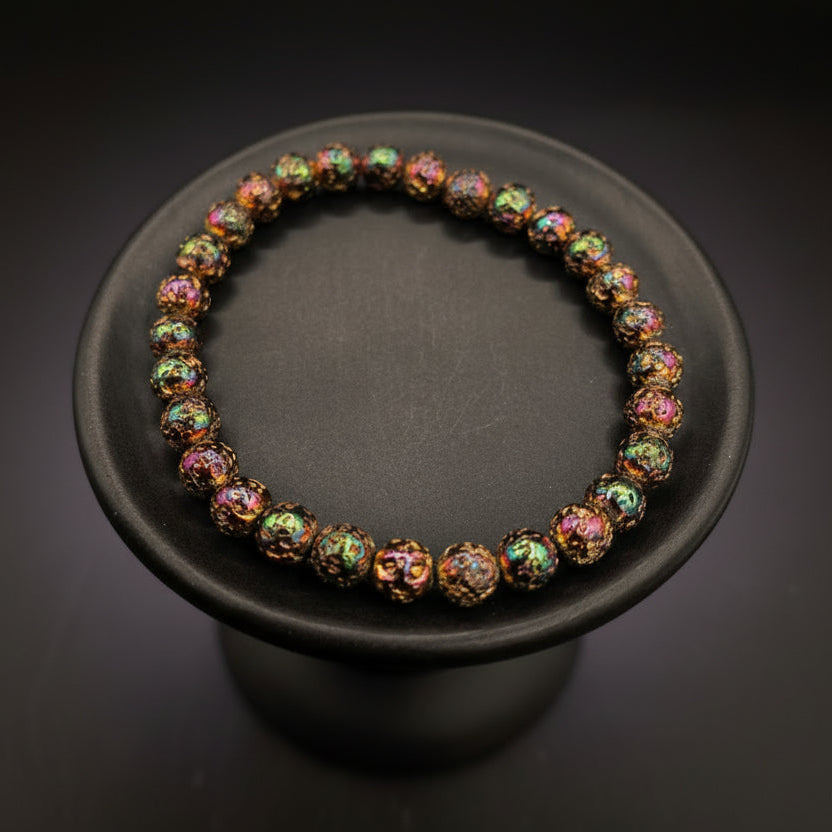 Rainbow-Coated Lava Rock Beaded Stretch Bracelet