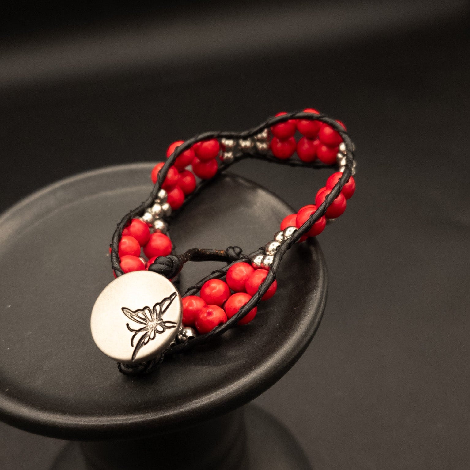 Red Beaded Bracelet With Metal Butterfly Charm