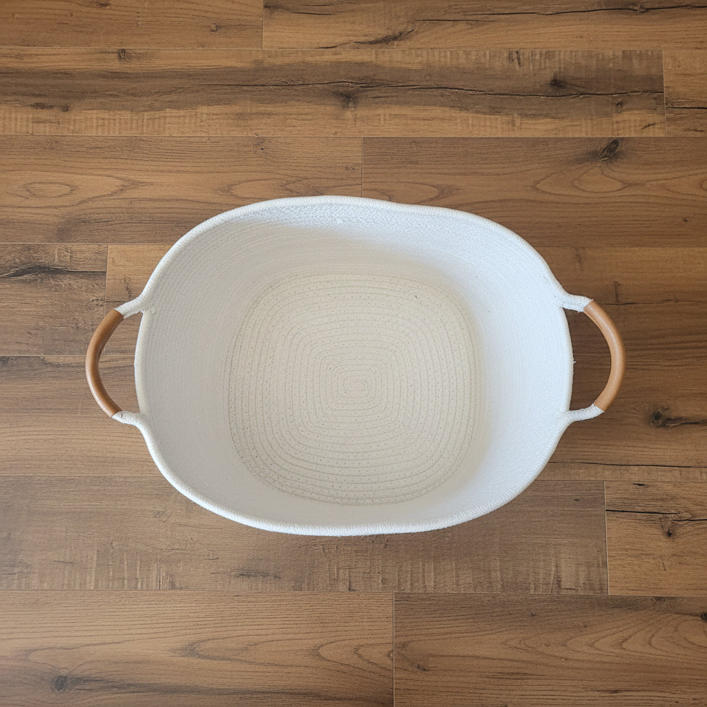 AVA White Woven Cotton Rope Storage Basket with Faux Leather Base & Handles