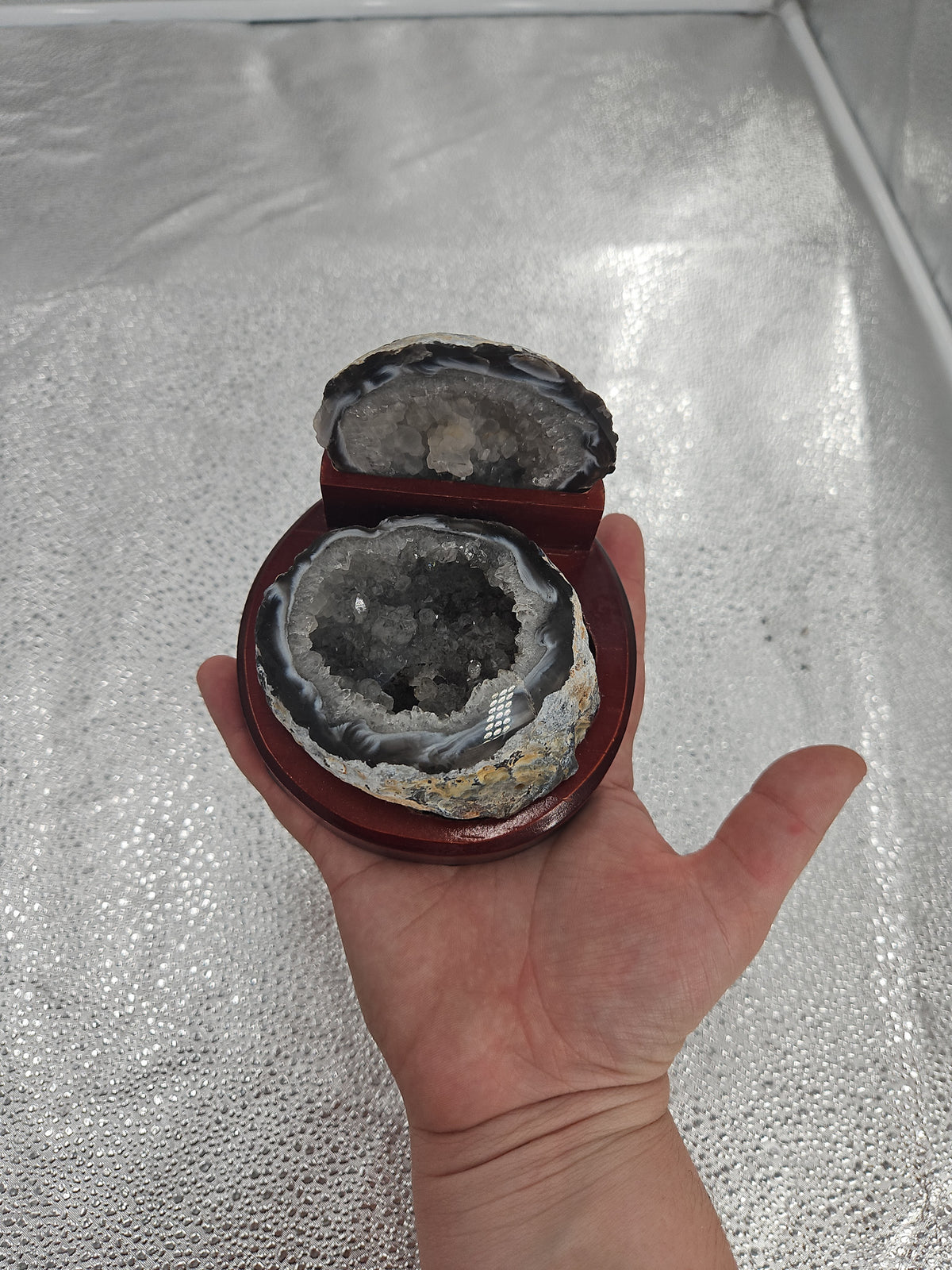 Split Agate Geode With Quartz Crystals On Wood Display Stand