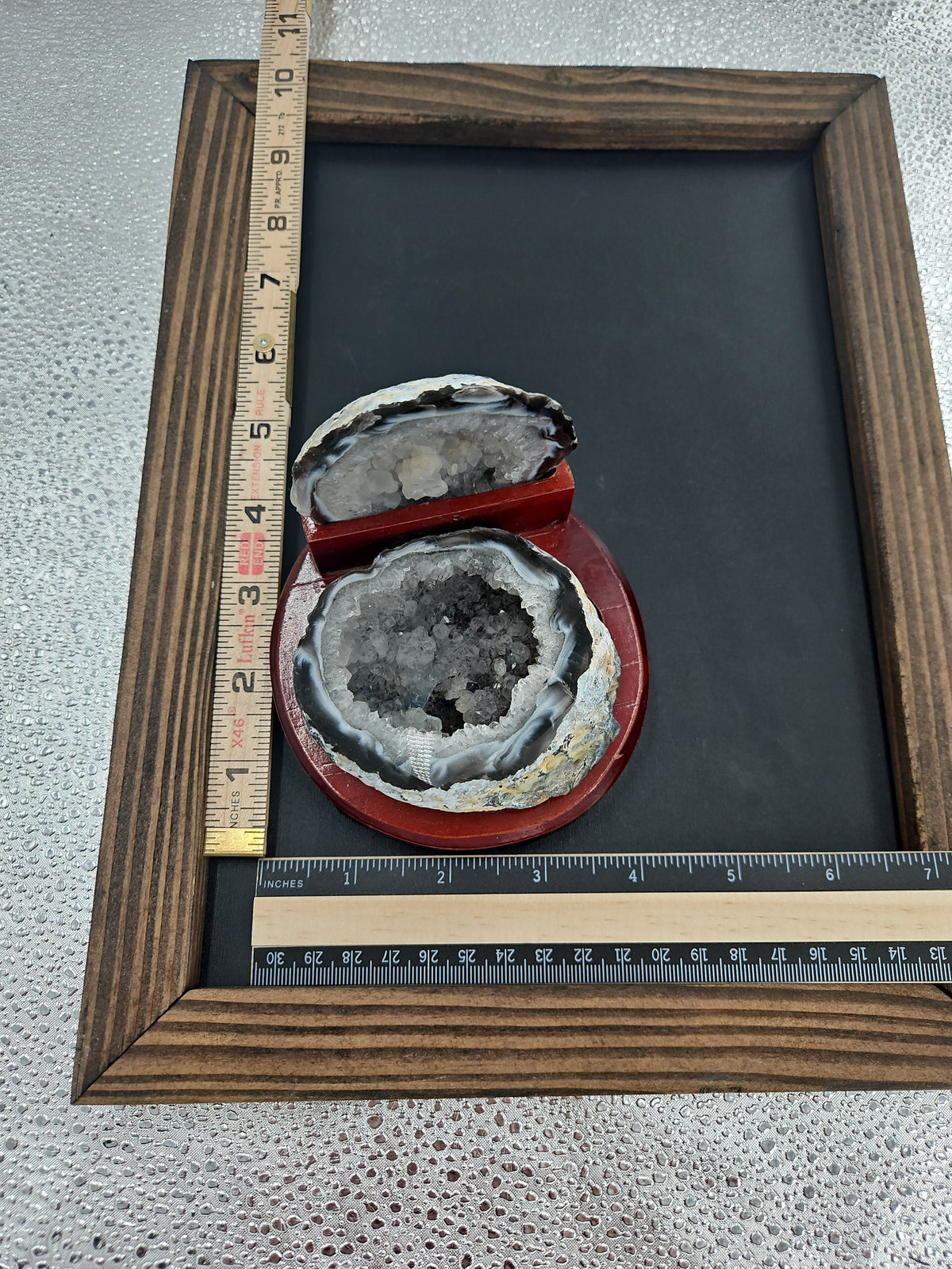 Split Agate Geode With Quartz Crystals On Wood Display Stand
