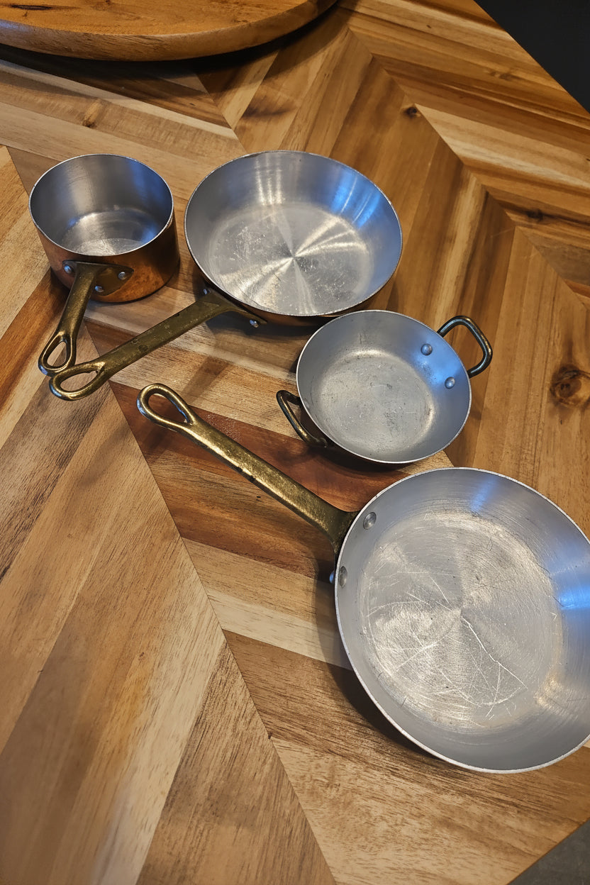 Vintage French Copper Cookware set (4-piece) - Vintage Mini Copper Pots and Pans / Tin - lined / Brass handles - William Sonoma Purchase