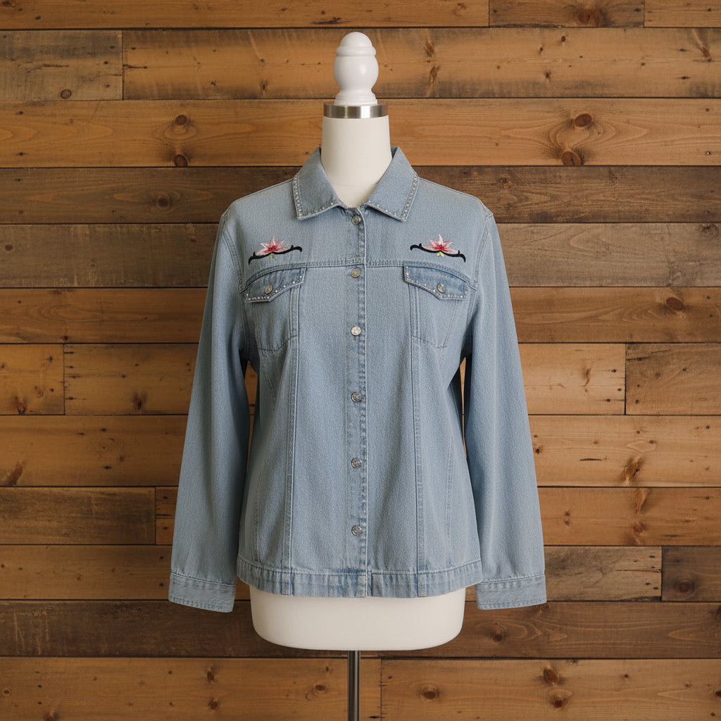 Fresh Groove Embroidered Chambray Snap Button Shirt Women's XL NWT Floral Western Top