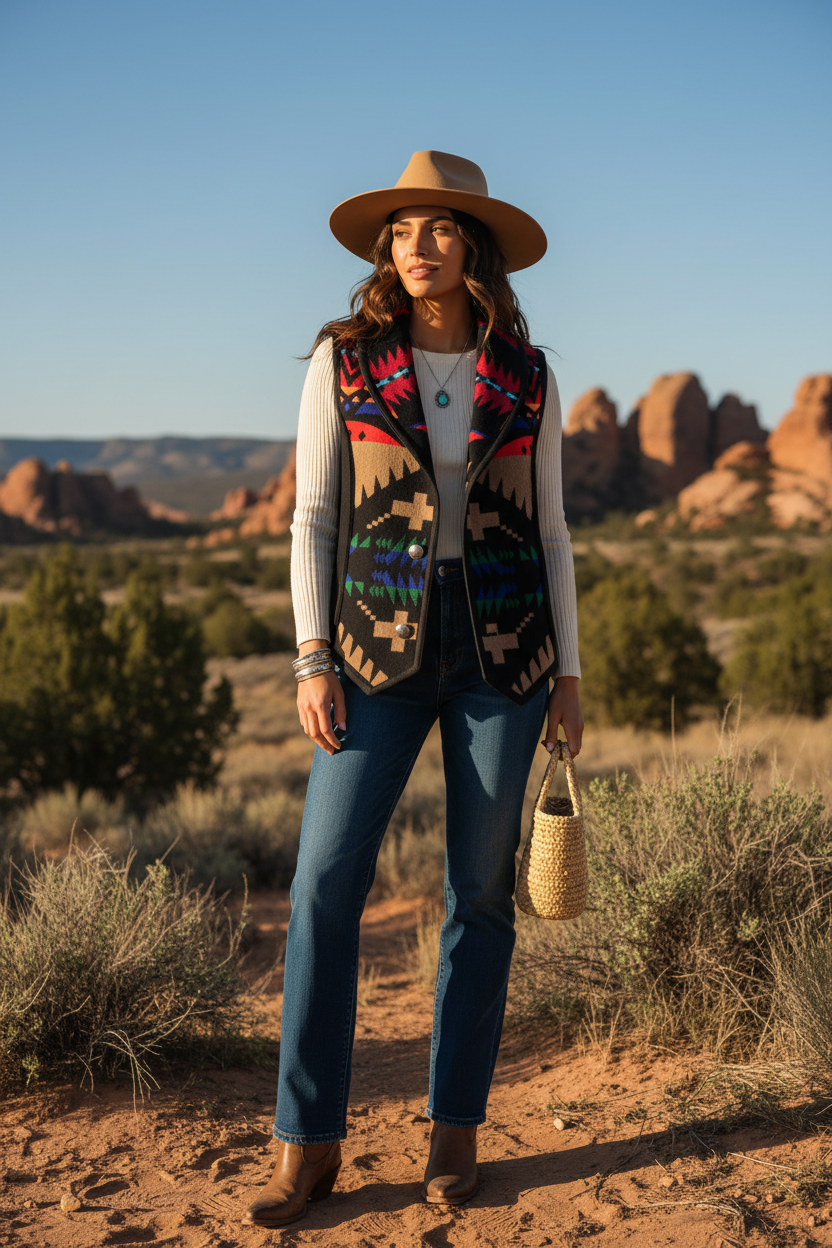 Southwestern Aztec Fleece Vest Women's Small Black Open Front Western Blanket Vest