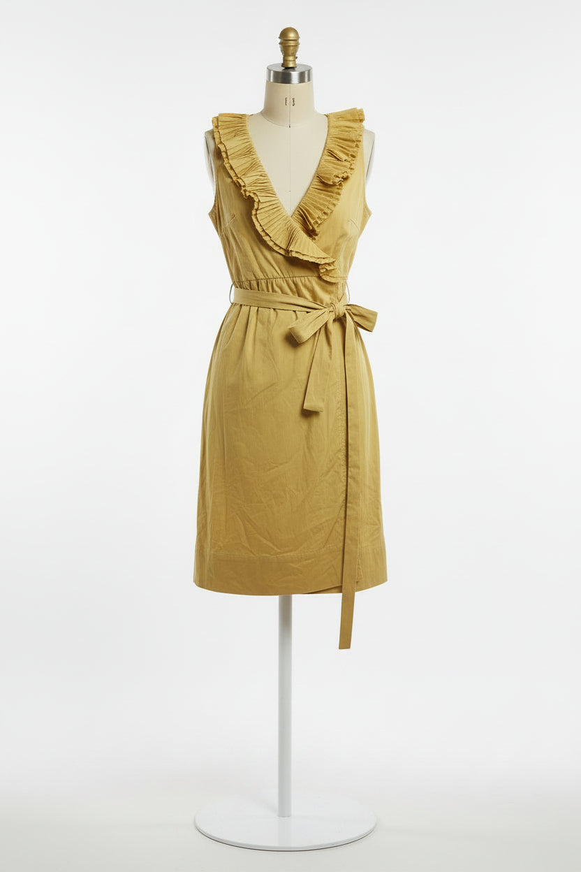 Maxandcleo Women's Ruffle Wrap Midi Dress Size 14 Yellow Sleeveless Tie Waist V-Neck