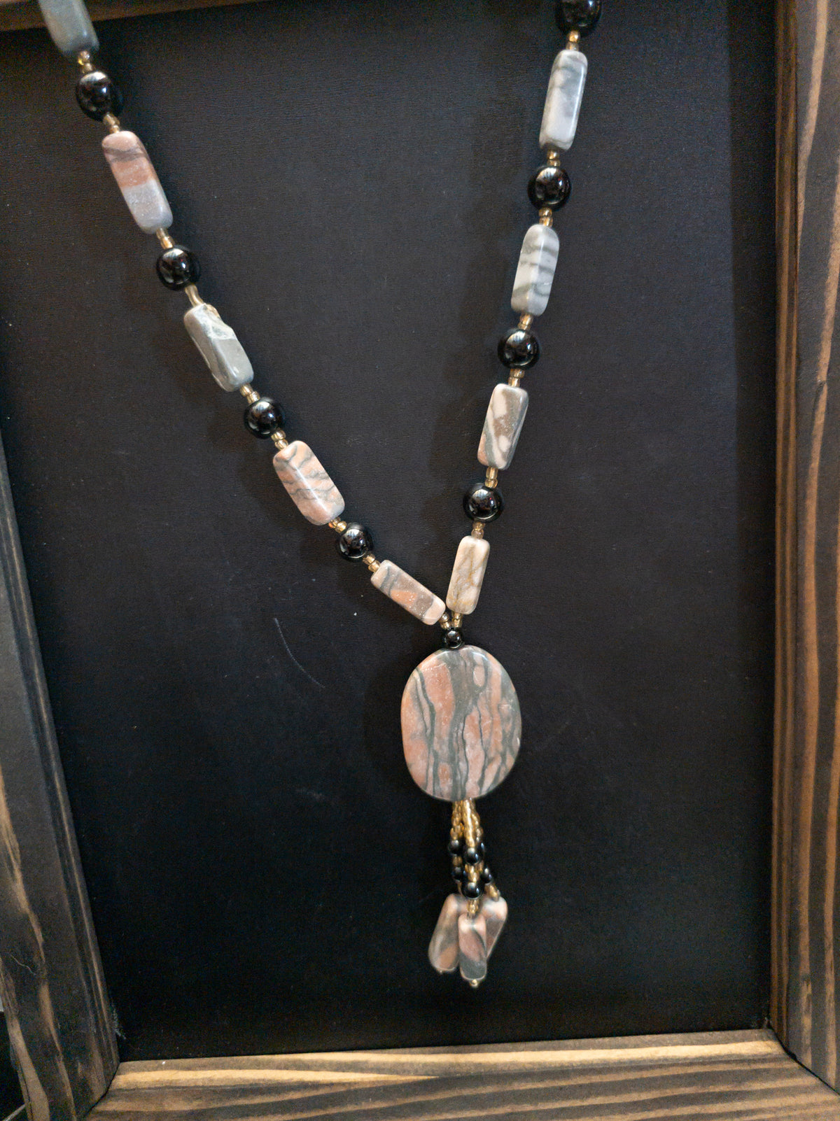 Natural Stone & Black Beaded Pendant Necklace