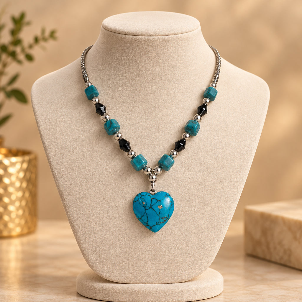 Hematite Necklace with Turquoise Accents & Heart Pendant
