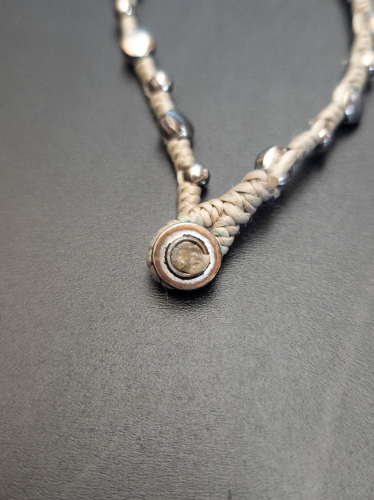 Tan Woven Cord Bracelet with Silver-Tone Beads