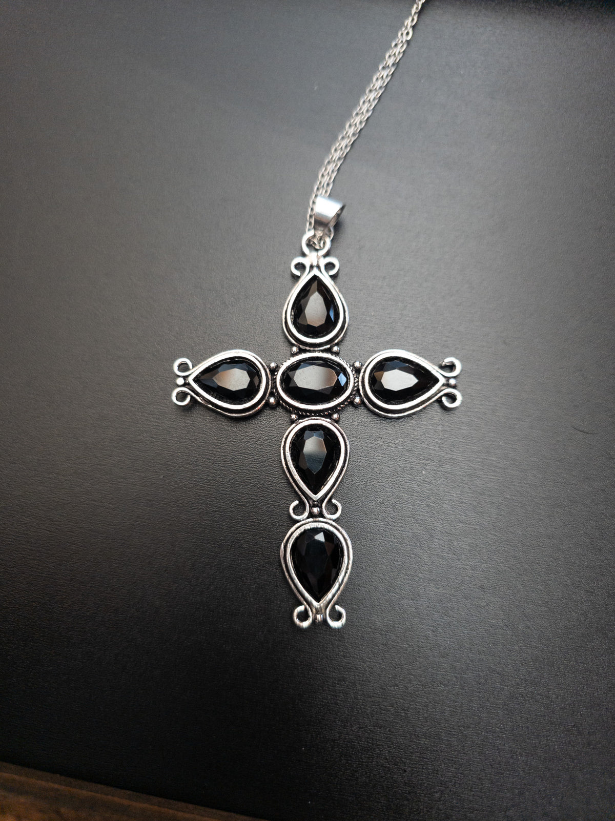 Faceted Stone Ornate Cross Pendant Necklace