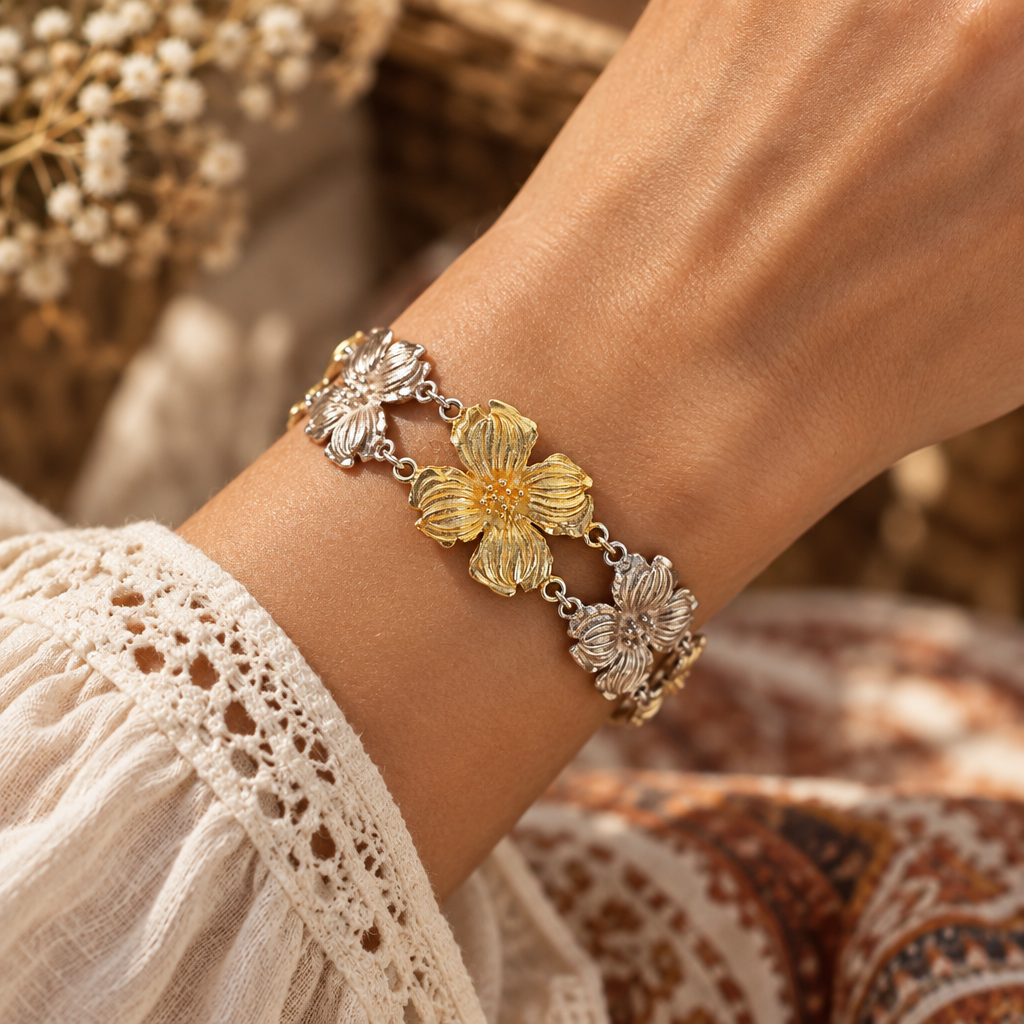 Vintage Two-Tone Gold & Silver Floral Link Bracelet – Statement Flower Jewelry