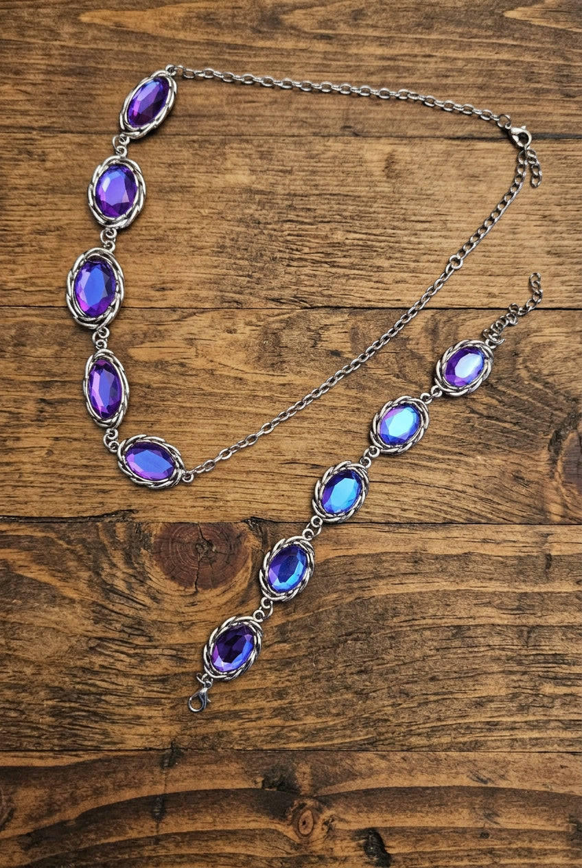 Purple Aurora Crystal Necklace, Bracelet & Earrings 3-Piece Jewelry Set