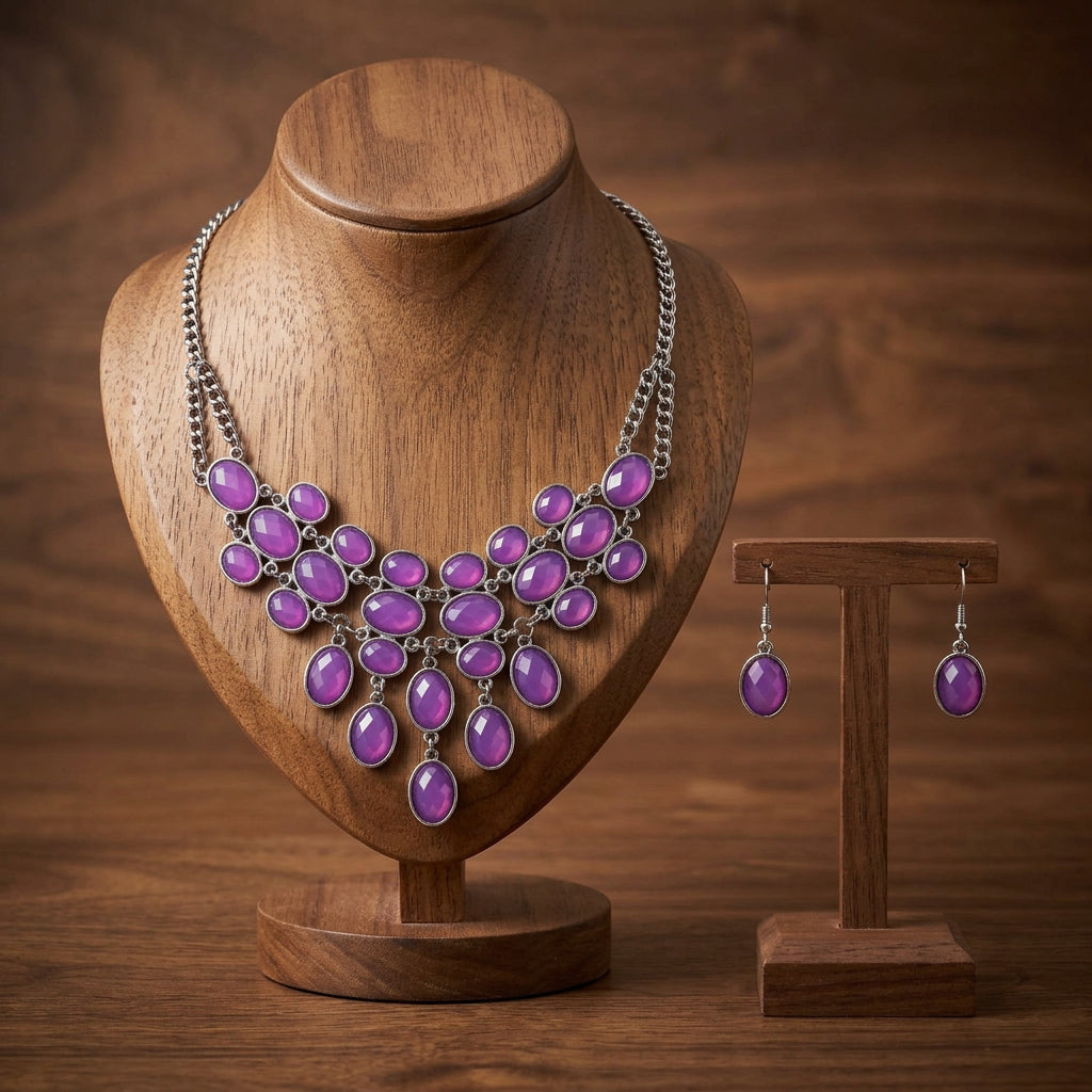 Purple Stone Necklace and Earrings Set