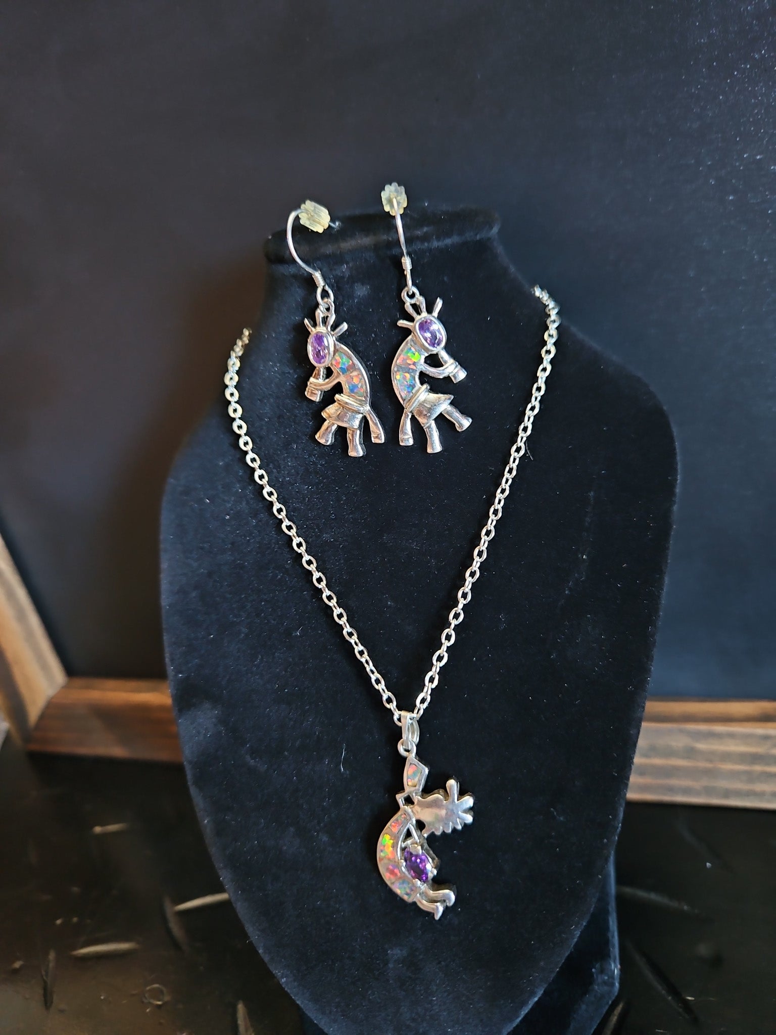 Sterling Silver Kokopelli Opal Inlay Pendant & Earrings Set
