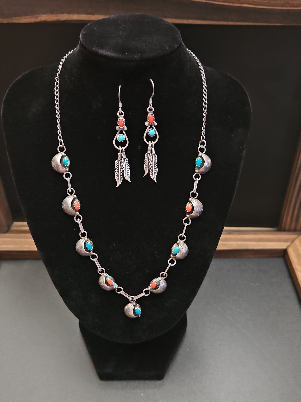 Vintage Southwestern Silver Turquoise & Coral Necklace & Feather Earrings Set