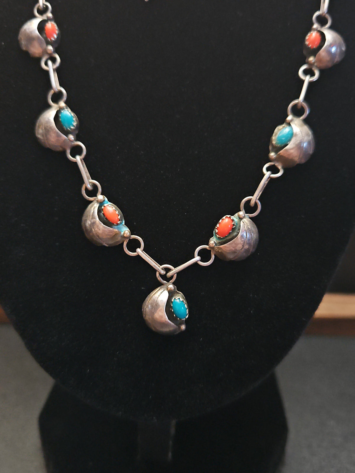 Vintage Southwestern Silver Turquoise & Coral Necklace & Feather Earrings Set