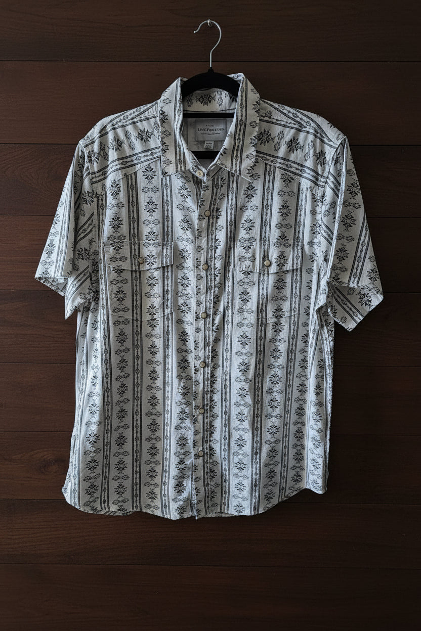 Lucky Brand Men’s Medium Southwestern Aztec Print Button-Up Shirt – White & Black